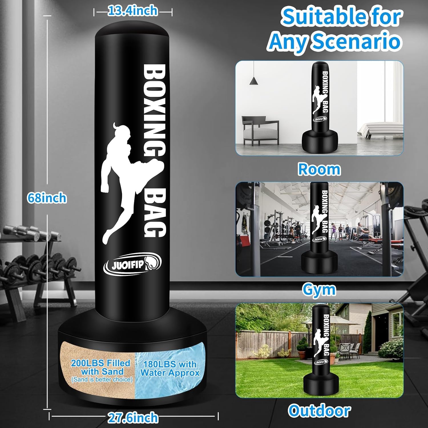 YORWHIN Sac de Frappe Adulte, 180cm Sac de Boxe Gonflable de avec Support Sacs de Frappe Boxe autoportant Sac de Kickboxing Equipement pour l'entraînement MMA Muay Thai Fitness à Utiliser