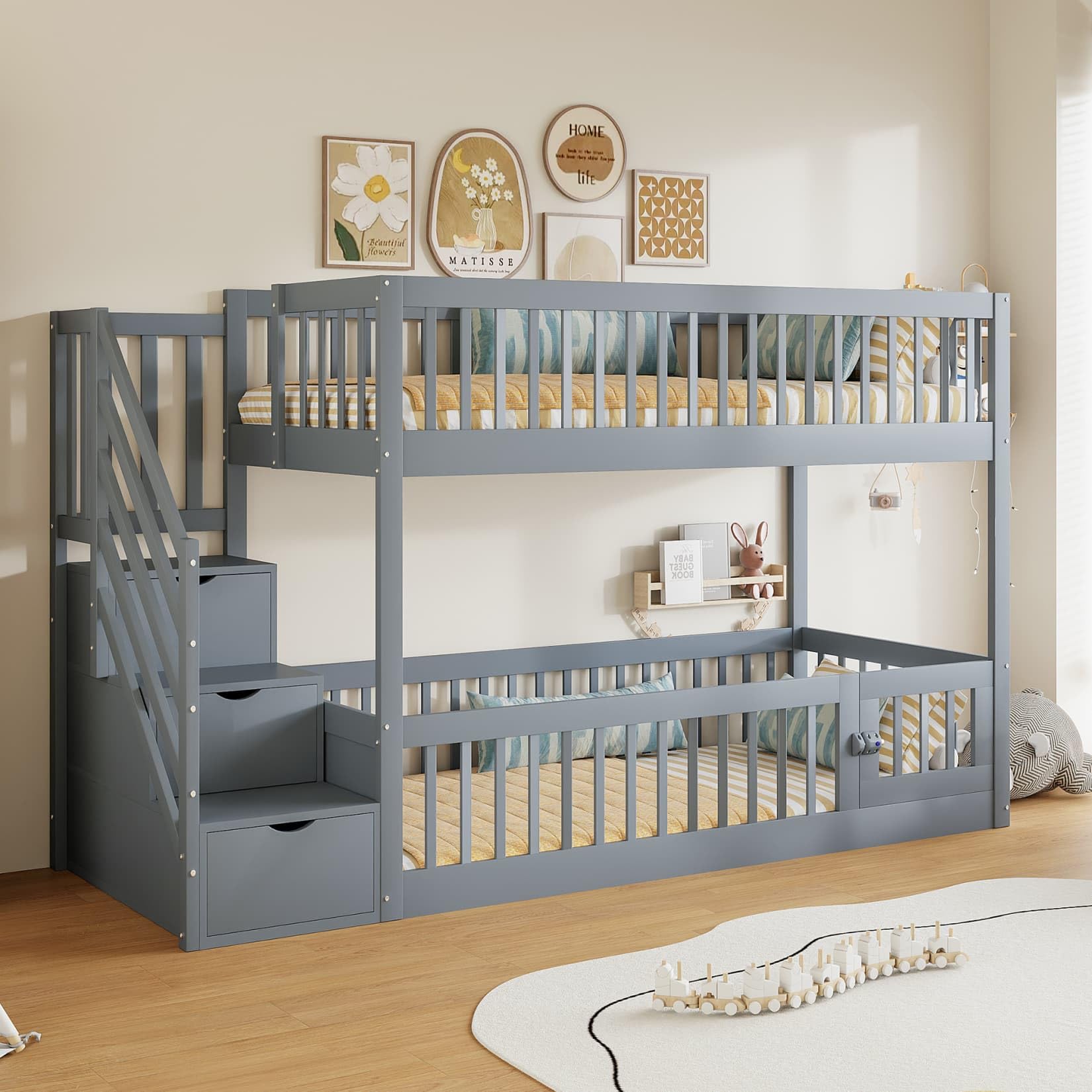 PUGSDRLY Lit Superposé Enfant 90x200cm en Bois avec échelle Rangement,Lit Mezzanine 2 Places avec Sommier à Lattes,Barrière de Sécurité Haute,pour Enfant et Adolescent,sans Matelas (Gris-90)
