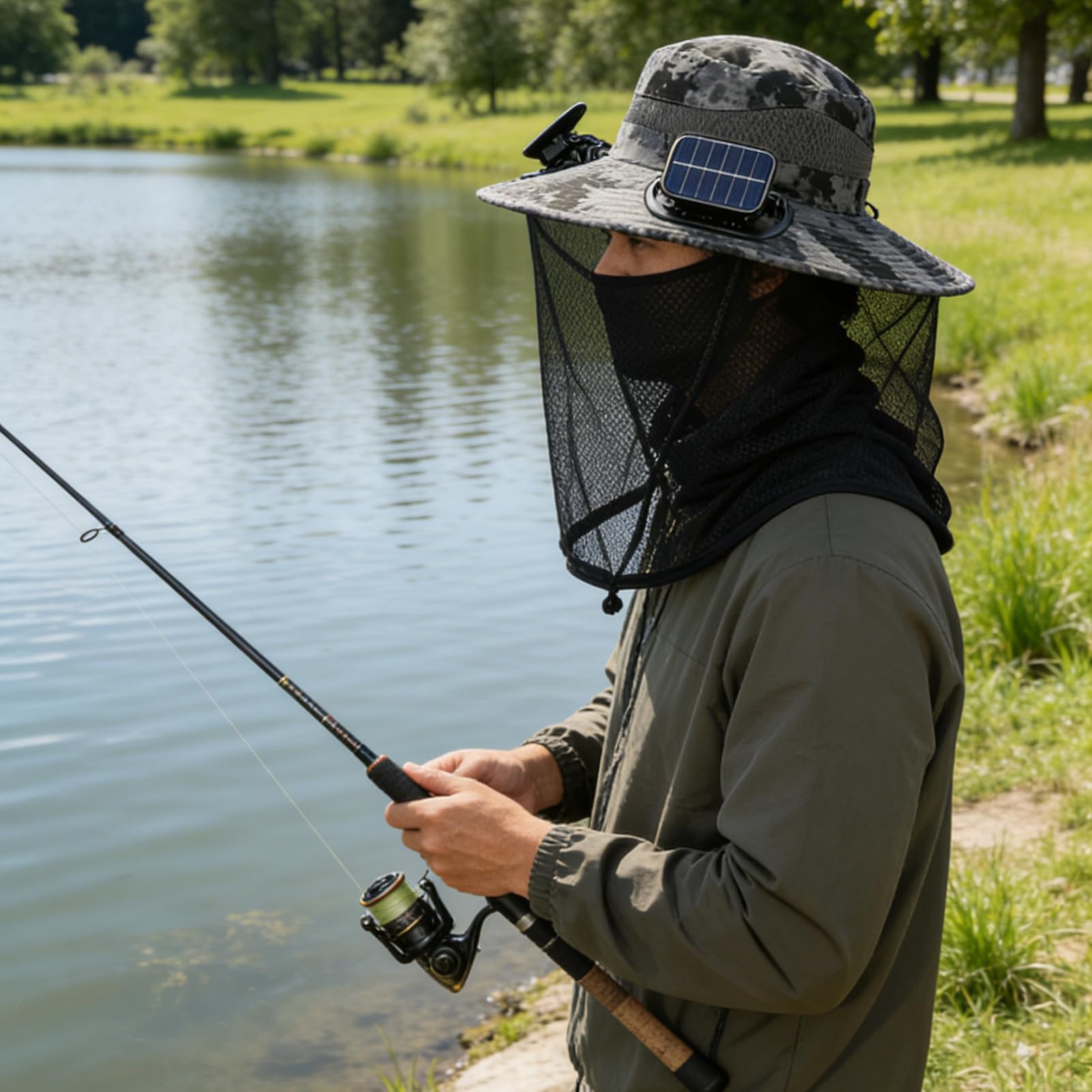 Cappello da pescatore UPF50+ con rete per insetti, cappello da sole a tesa larga con ventilatore, per sport all'aria aperta, unisex, escursionismo, campeggio, viaggi, compleanno