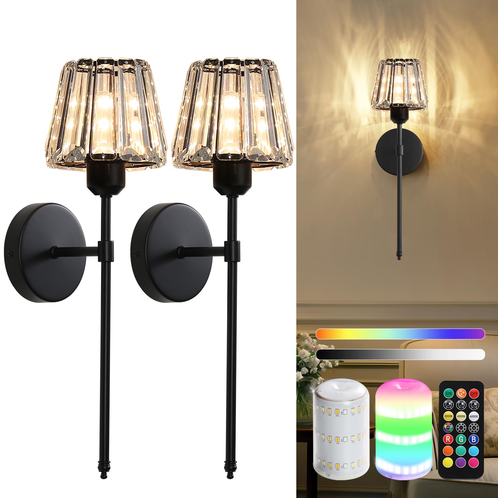 Black Battery Operated Wall Sconce Set Of 2,Rechargeable Wireless Wall Lights With Remote Control,Dimmable,3000K-6000K,360° Rotation, Cordless Wall Lighting For Living Room,Bedroom,Stairway,18 Inch - View #9
