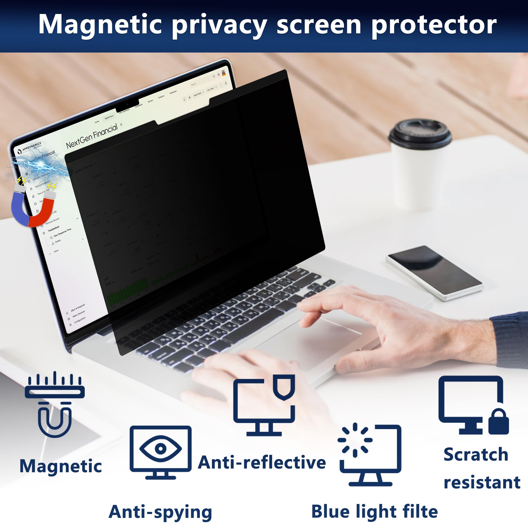 Pellicola Magnetica per Privacy da 16 Pollici 16:10, Anti-Luce Blu, Antiriflesso, Antigraffio, Bifacciale, Rimovibile Pellicola Privacy per Laptop (16 pollici 16:10-351 x 225 mm)