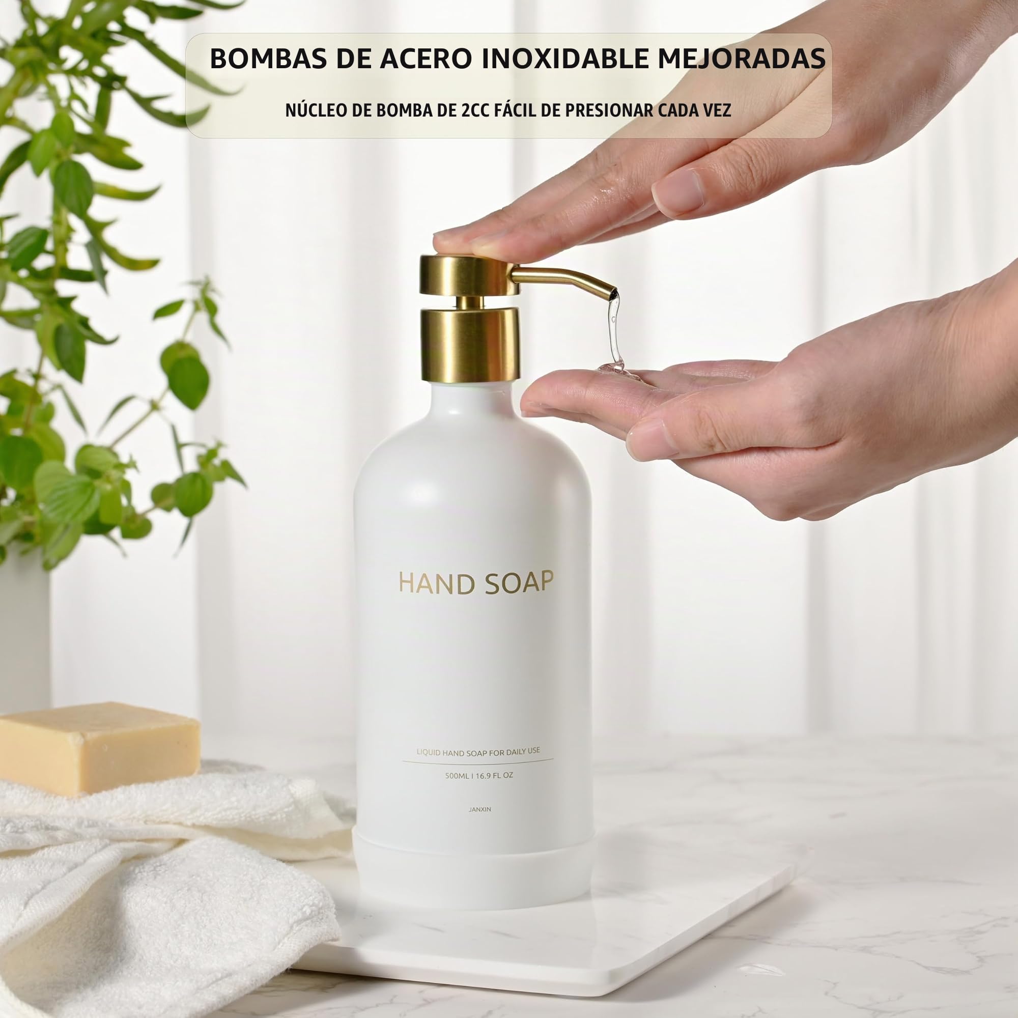 Dispensador Jabon Cristal, 500 Ml Glass Bath Soap Dispenser, Dispensadores De Gel y Champu, con Plato De Cerámica, Apto para Gel De Ducha, Champú (Botella Blanca + Cabeza Dorada)