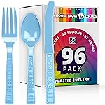 DecorRack Plastic Cutlery Set, Light Blue Colored Plastic Silverware Sets for Parties, 96 Piece Bulk Heavy Duty Utensils (Light Blue, 96 Pieces)