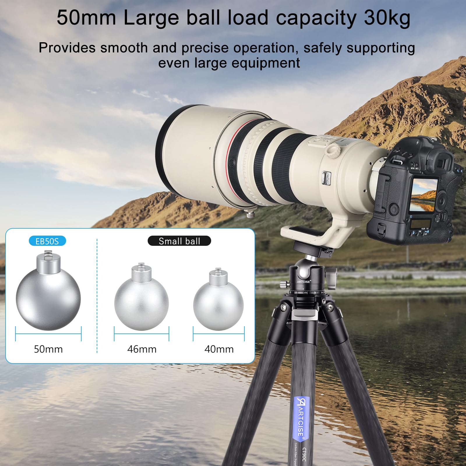 Testa a sfera a profilo basso ARTCISE, testa per treppiede in metallo da 50 mm compatibile con piastra di sgancio rapido Arca 1/4" per treppiede monopiede fotocamera DSLR, capacità di carico: 30kg