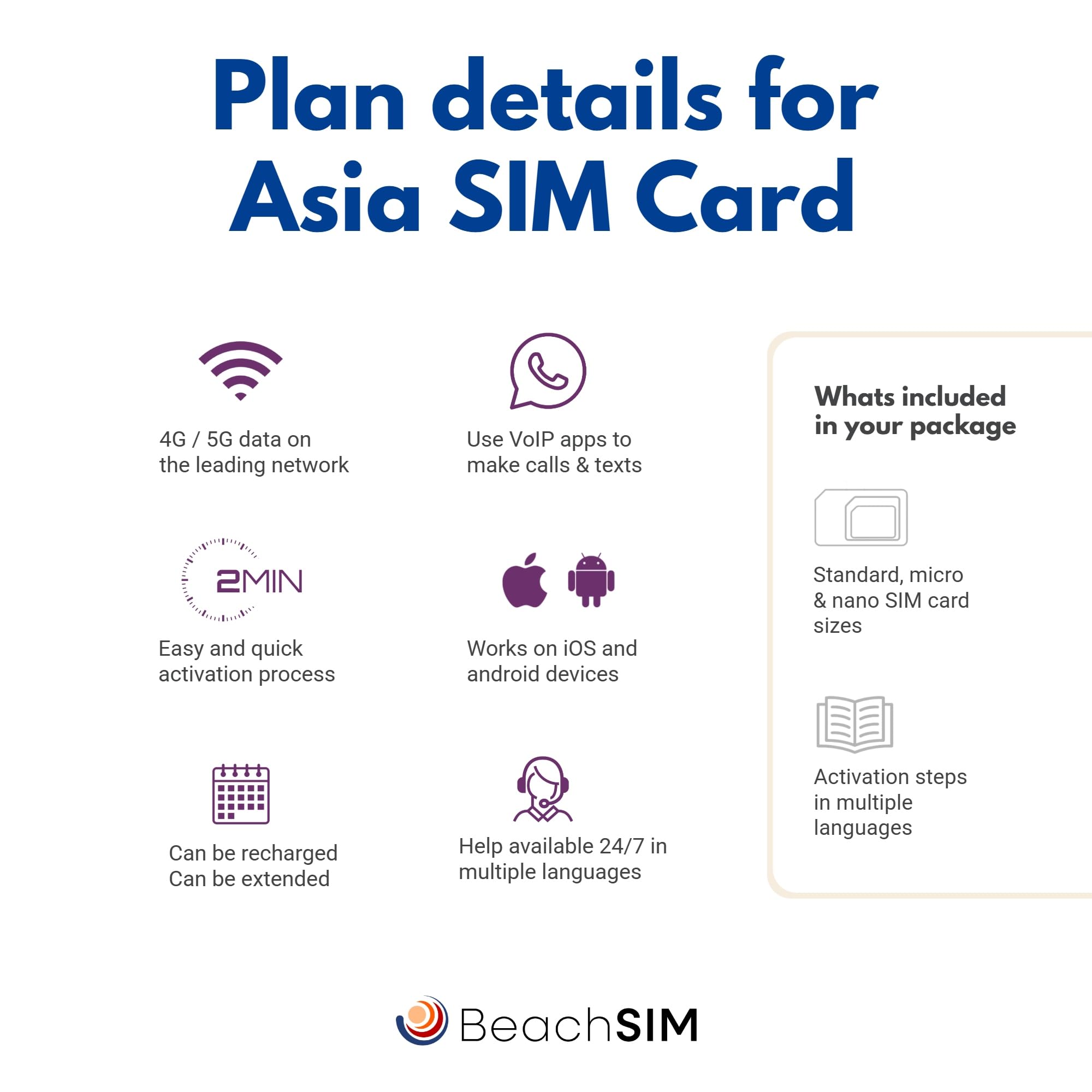 Asien SIM Karte 30 Tage. 10 GB mit 4G/5G-Netz. Thailand, Indonesien, Singapur, Malaysia, Hongkong + 6 weitere asiatische Länder. Einfaches Aufladen. Schnelle Aktivierung.