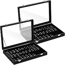 Yinkin 2 Pcs 100 Slots Ring Organizer Box with Transparent Glass Lid Necklace Display Tray Ring Case Velvet Jewelry Holder (Black)