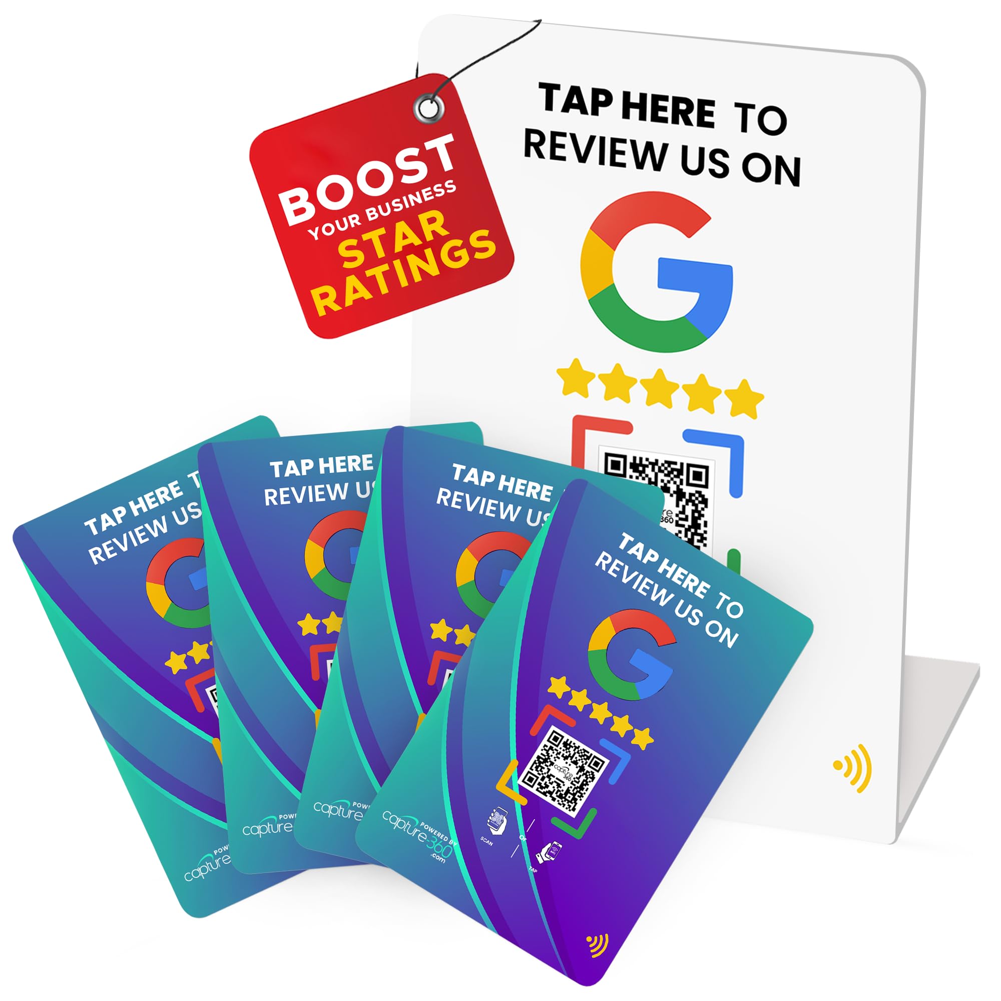 Capture 360 NFC Google Review Stand & Google Review Cards - Boost SEO, Enhance Online Reputation, Easy Setup, Time-Saving, Effortless Review Collection - 1 Stand, 4 Blue Cards