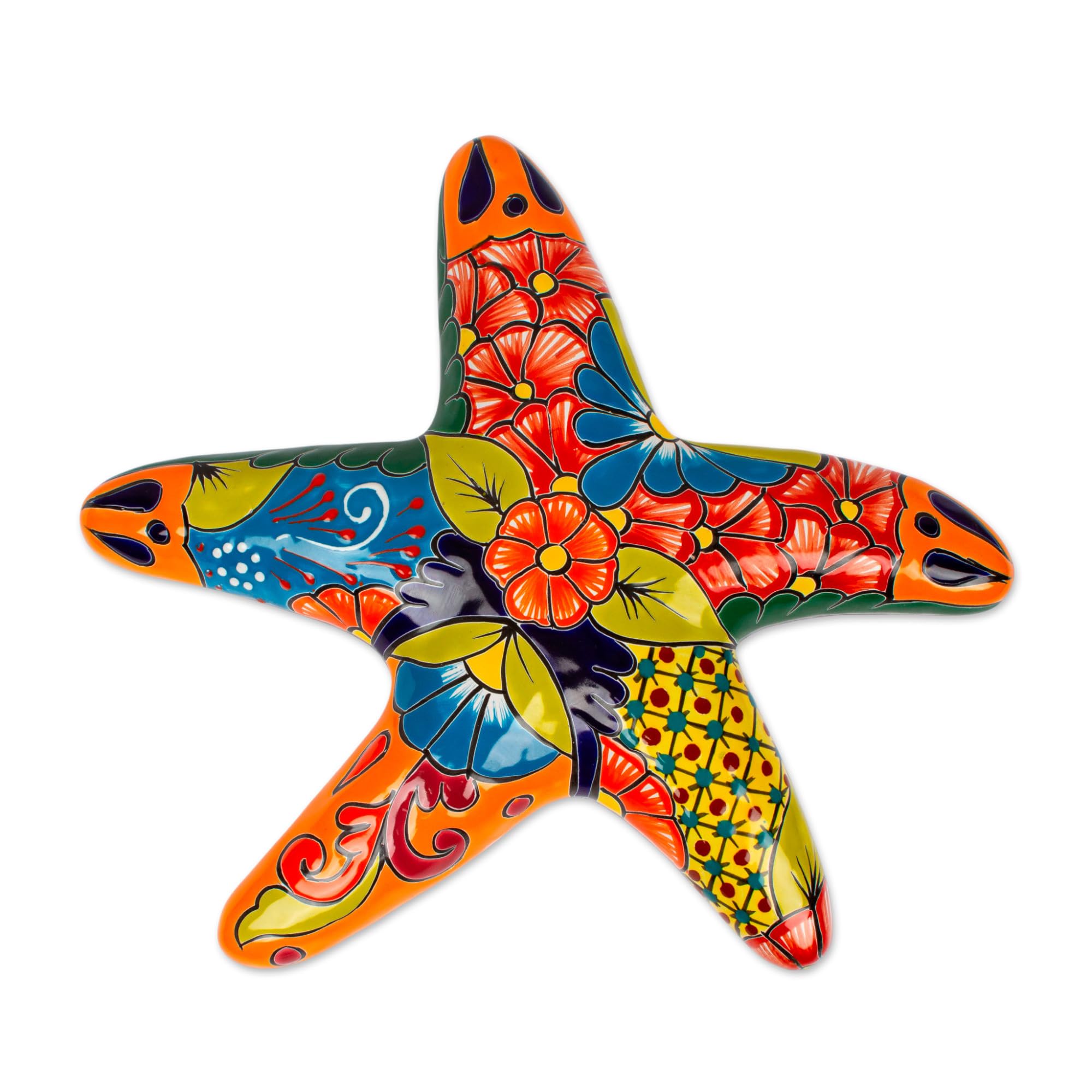 NOVICA Artisan Handmade Ceramic Wall Sculpture Painted Talavera Style Starfish Multicolor Mexico Decor Art Animal Themed Sea Life 'Talavera Starfish'