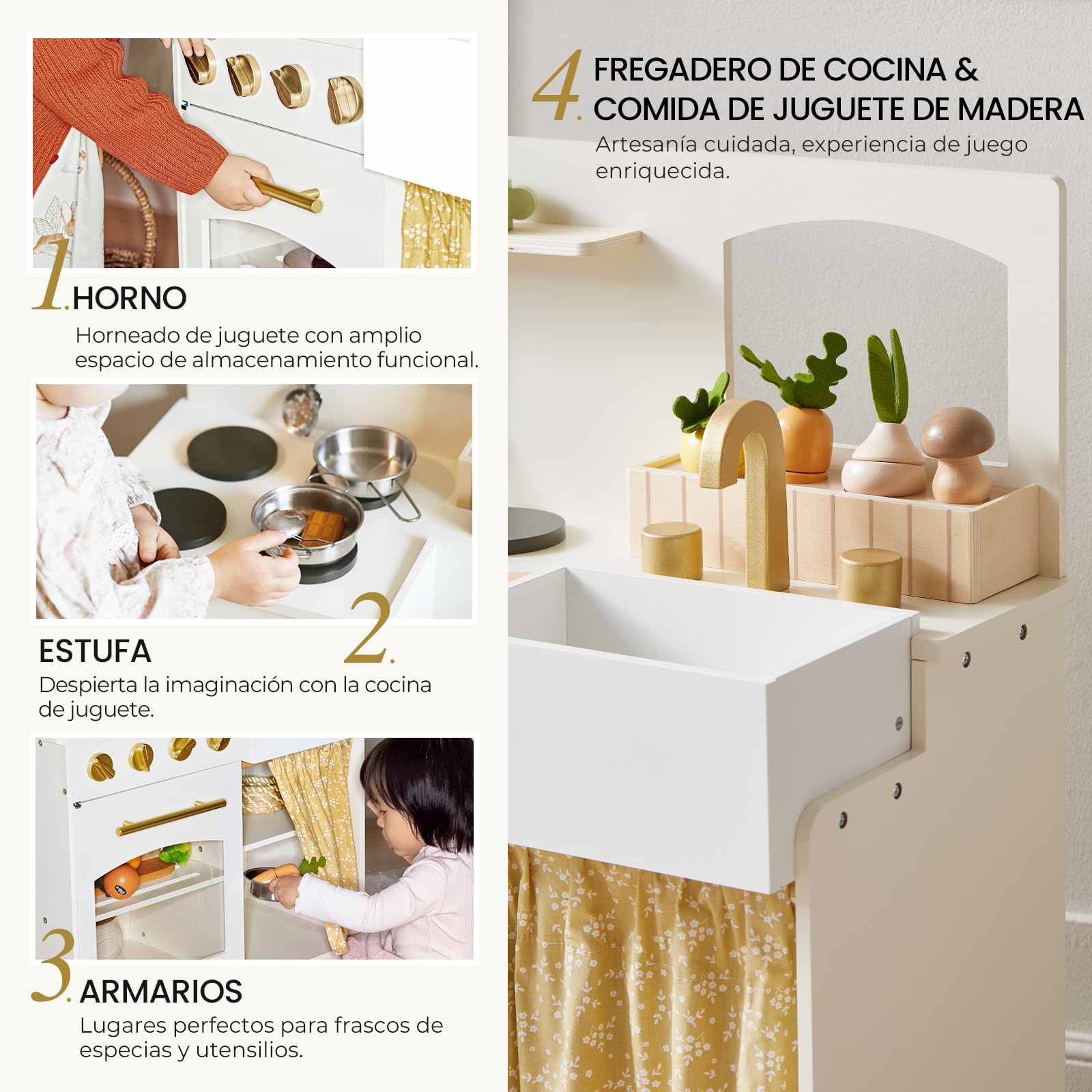 Tiny Land Cocina de juego, set de juego para niños, cocina para niños con set de corte, cocina de madera ETS para niños, niñas y niños