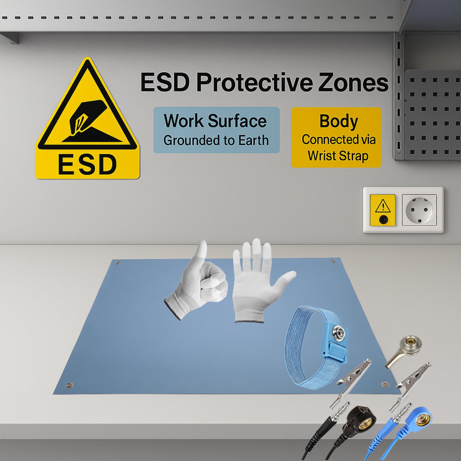 Esterilla antiestática para ordenador ESD, 120 x 30 cm, incluye manguito + extensión de 2,4 m + guantes ESD GR-L