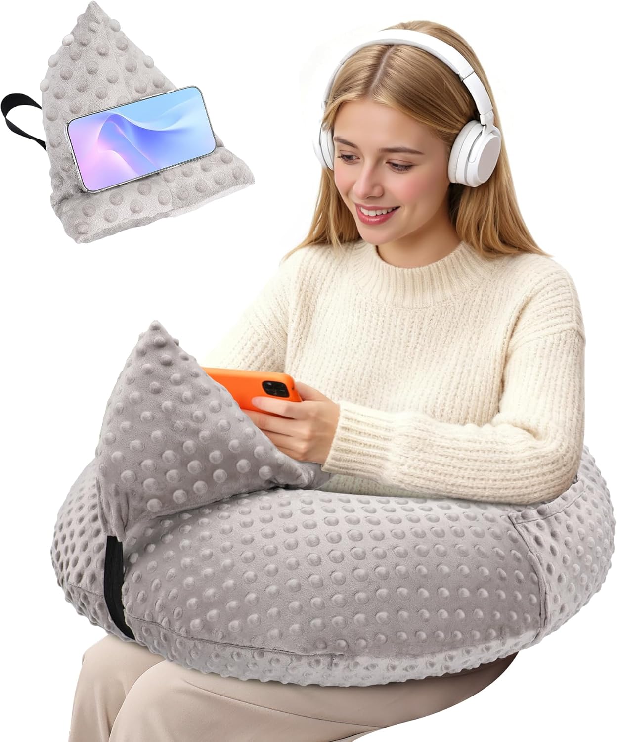 Crochet Lap Support Pillow - Multi-Purpose Reading Pillow for Laptop/Gaming/Working, with Removable Extra Back Pillow for Lumbar & Back Support, Enlarged U-Shape Gaming Lap Pillow, Grey