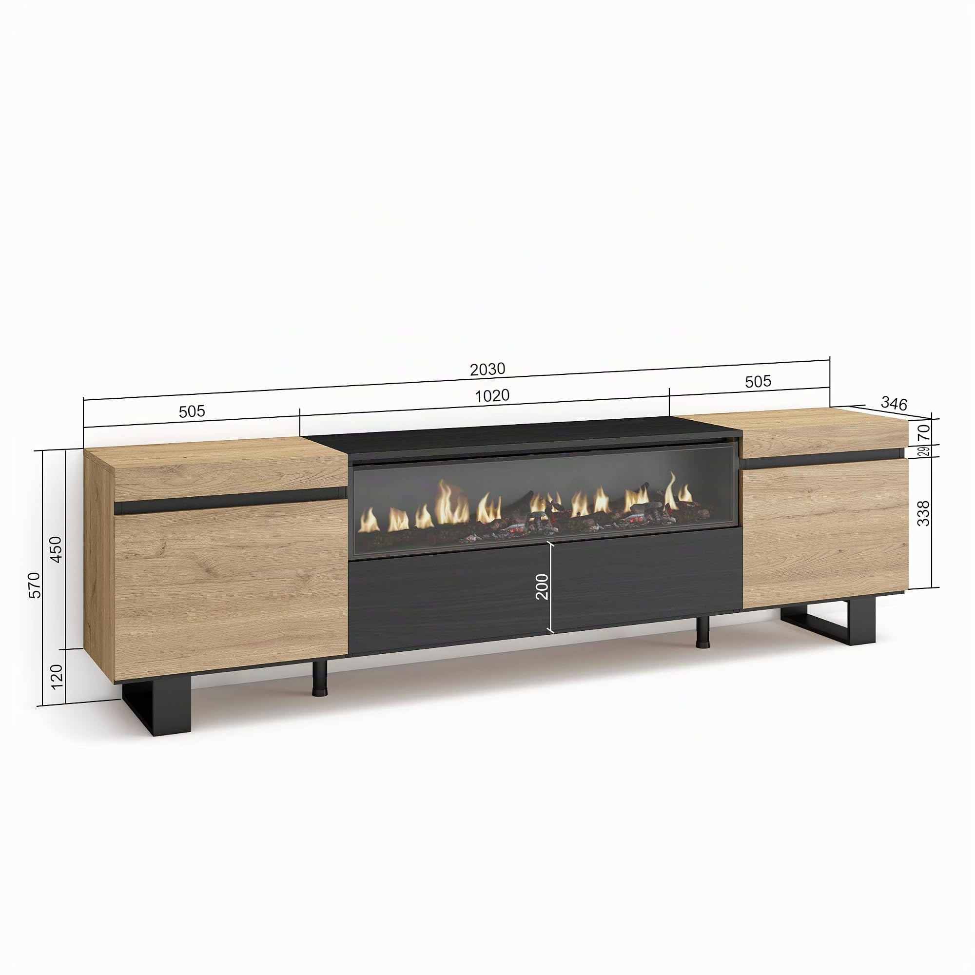 Skraut Home | Mueble TV | Televisión | Muebles de salón, almacenaje | 200x57x35cm | para TV hasta 80" | Chimenea eléctrica | Diseño Industrial | Estilo Moderno | Roble y Negro