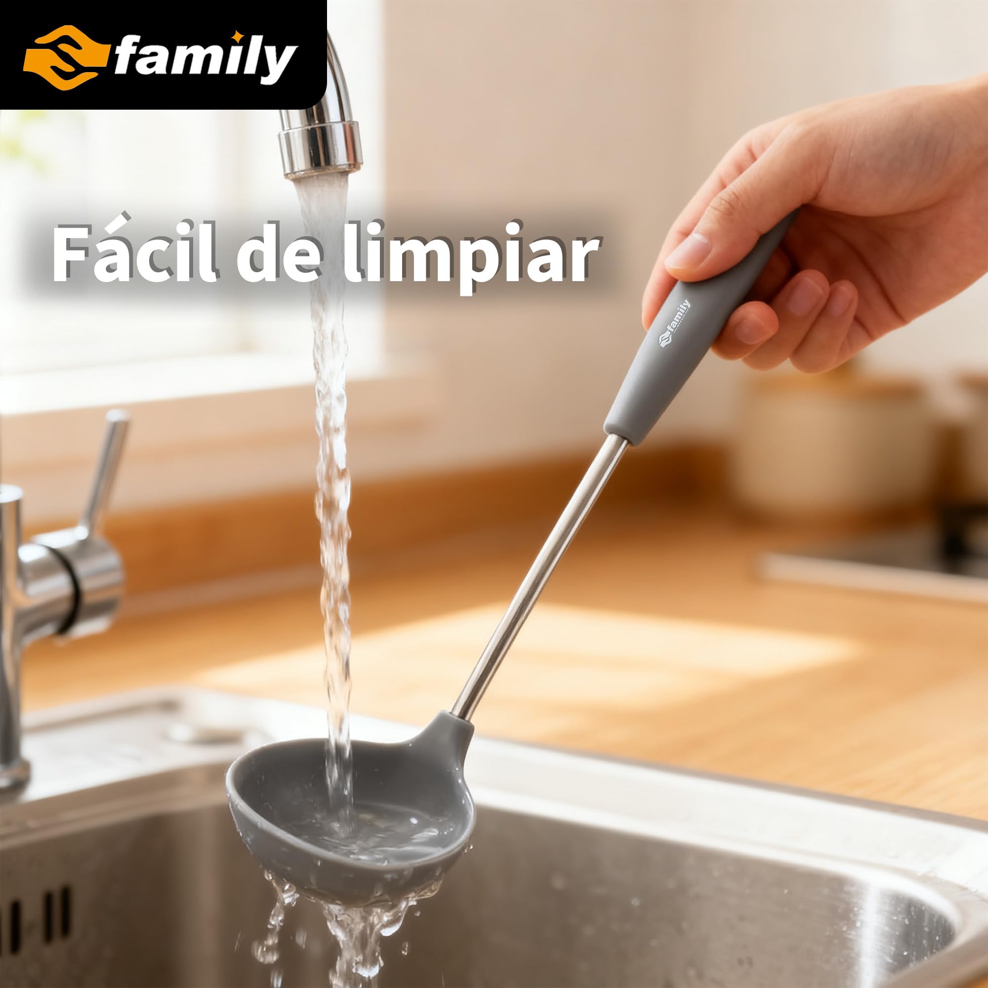 FAMILY Espumadera de Silicona para Cocina 37.5x11cm, Mango Ergonómico U de Acero Inoxidable, Resistente al Calor y Antiadherente, Perfecta para Freír, Escurrir y Servir Alimentos