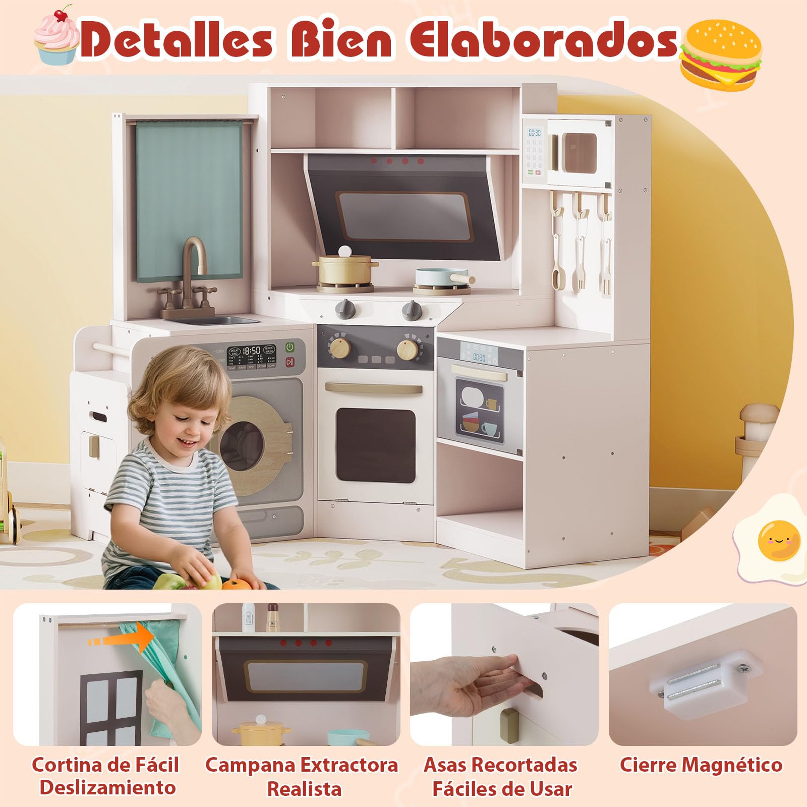 GOPLUS Cocina de Juguete de Esquina, Cocinita Infantil de Madera con Cubo de Basura Extraíble, Fregadero, Fogones, Microondas, Horno, Lavadora, Luces y Sonidos para Niños de 3+ Años (Rosa)