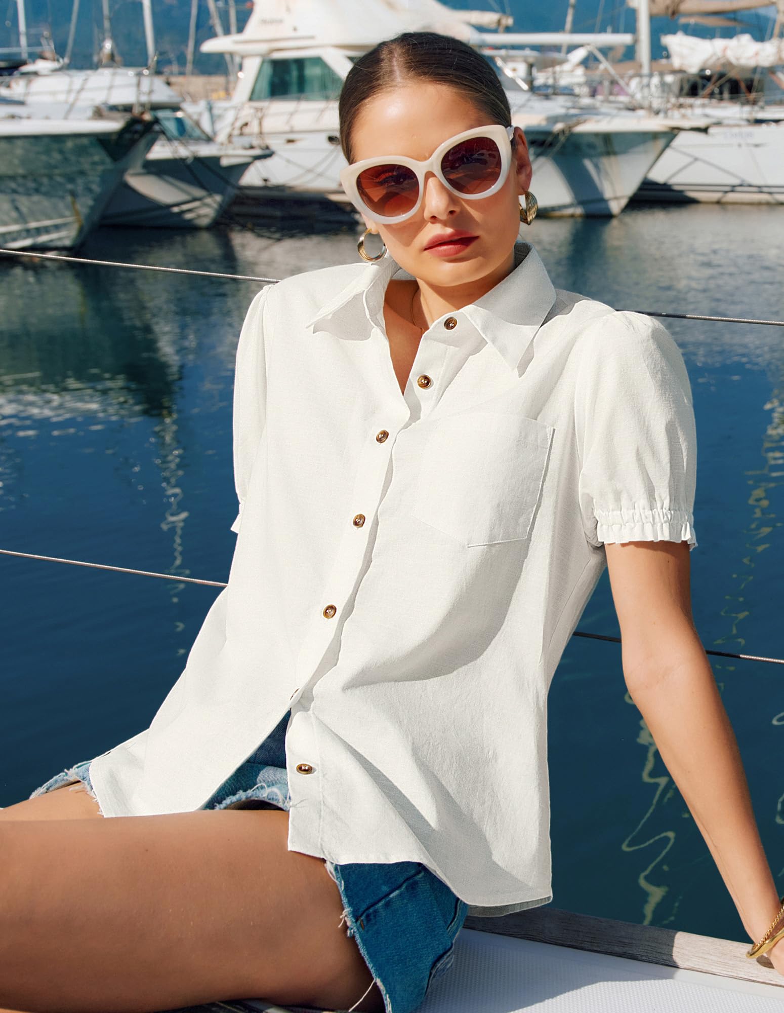 GRACE KARIN Blusa de lino para mujer, de verano, elegante, de manga corta, con botones, informal, de muselina, suelta, de algodón, túnica