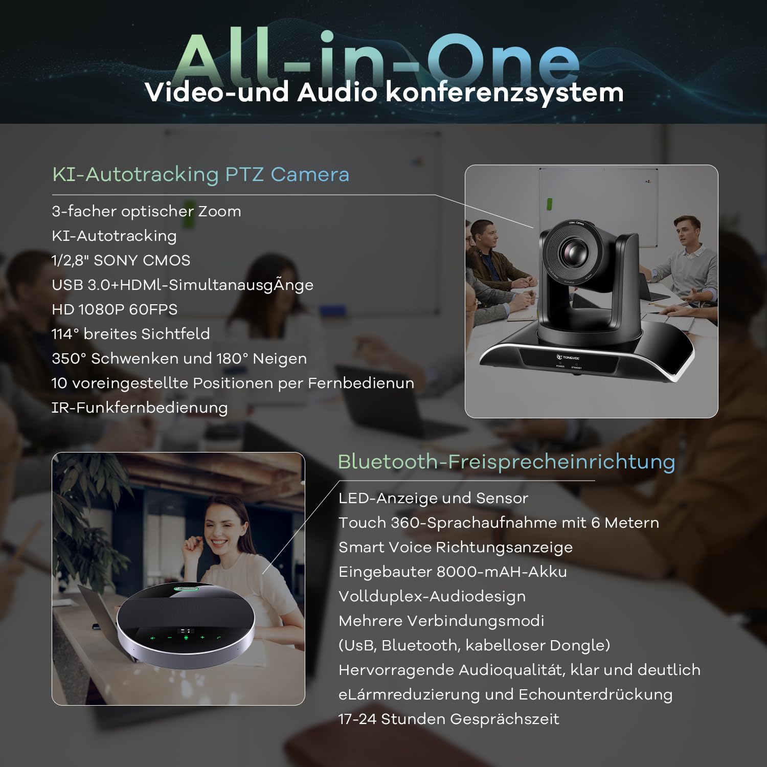 TONGVEO Telecamera per sala conferenze all-in-1 e combinazione di microfono Bluetooth, 1080P 60 fps, zoom ottico 3x, USB 3.0 HDMI, telecamera PTZ e vivavoce per conferenze con microfoni