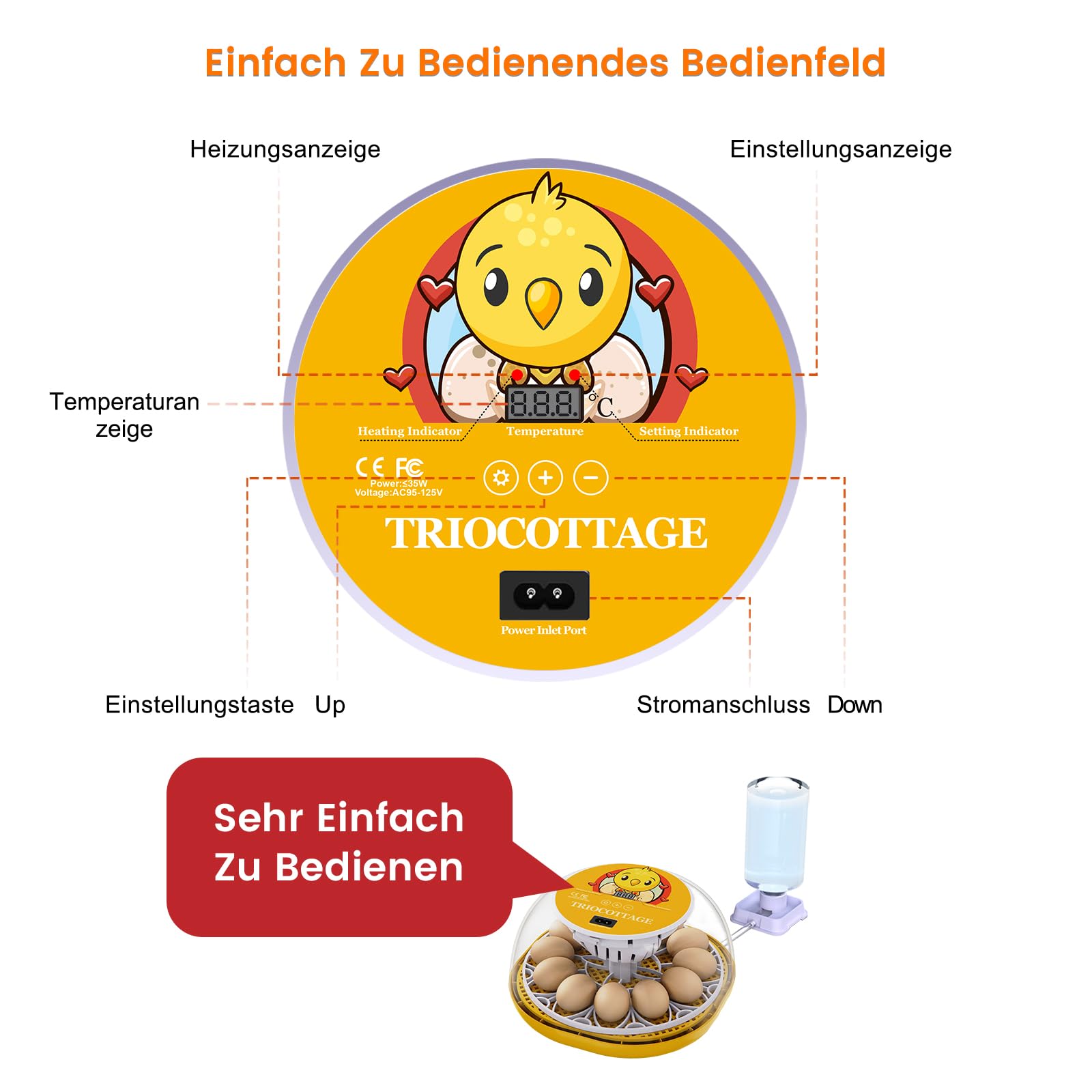 Produktbild von TRIOCOTTAGE Brutautomat Vollautomatisch Für 12 Eier – Mit Eierwender, Digitaler Temperaturregelung, Automatischer Wasserzufuhr & Eierprüflampe