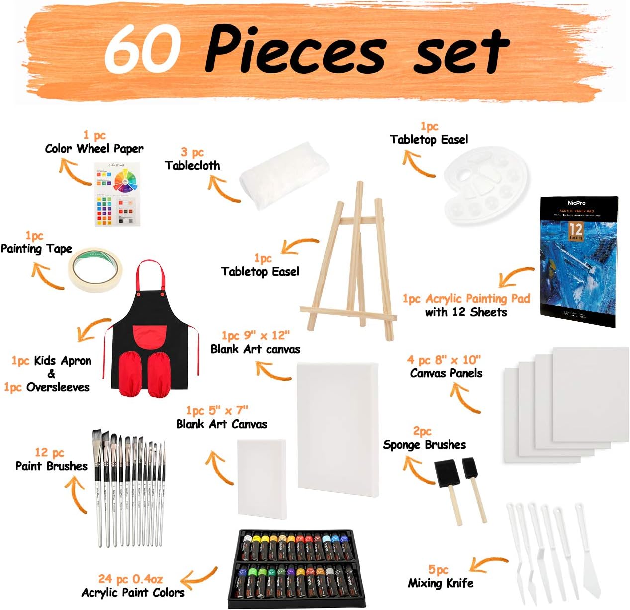 Nicpro 60 PCS Art Paint Set for Kids, Complete Acrylic Painting Supplies Kit for Boy & Girls with 24 Acrylic Paint, 12 Brushes, 6 Canvas, 12 Papers, Easel, Mixing Knives, Smock, Sponge, Palette, Bag