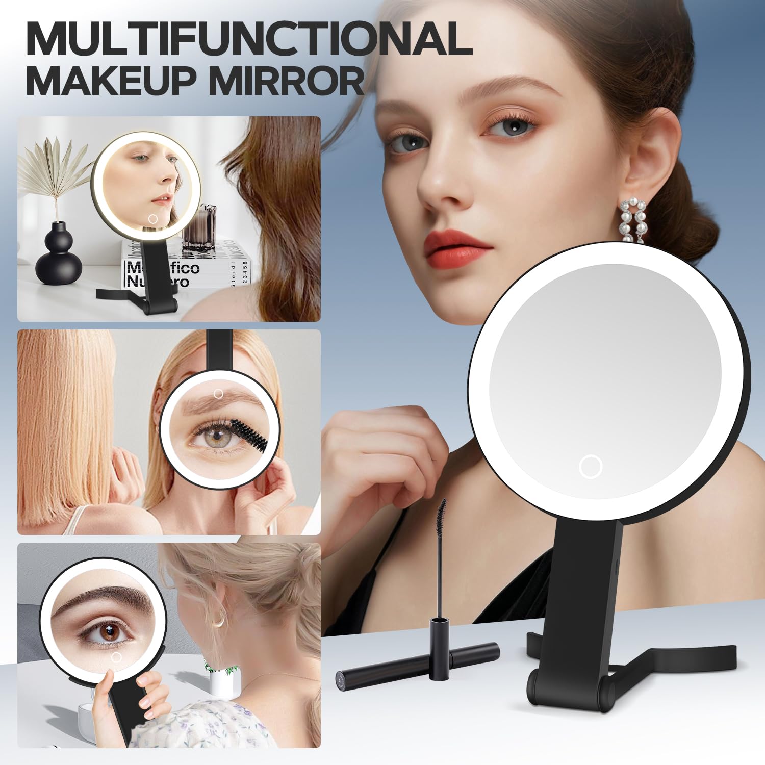 MIYADIVA Specchio per il trucco illuminato, specchio ingranditore 30X con luce, specchio da appendere e portatile con manico, nero
