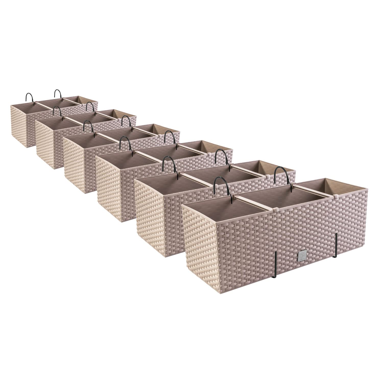 PAFEN Lot de 6 jardinières, pots de fleurs/plantes, aspect en rotin, avec supports de fixation, pour balcon, Mocca