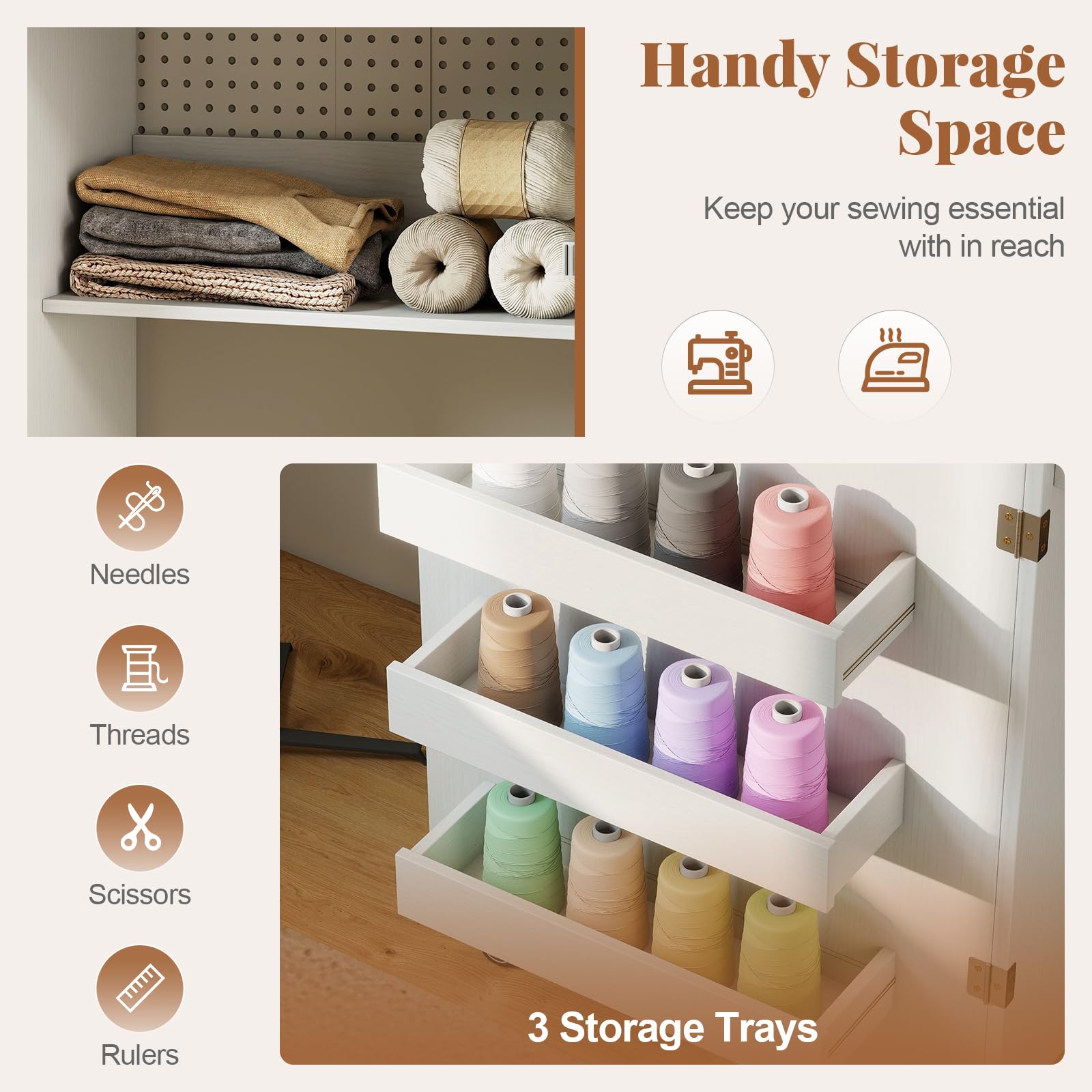FANTASK 2 in 1 Zusammenklappbarer Nähtisch, Nähmaschinenschrank mit Ladestation, Regalen und abschließbaren Rädern, Nähtisch aus Holz, Mehrzweck-Bastelstation für Wohnzimmer, Schlafzimmer (Weiß)