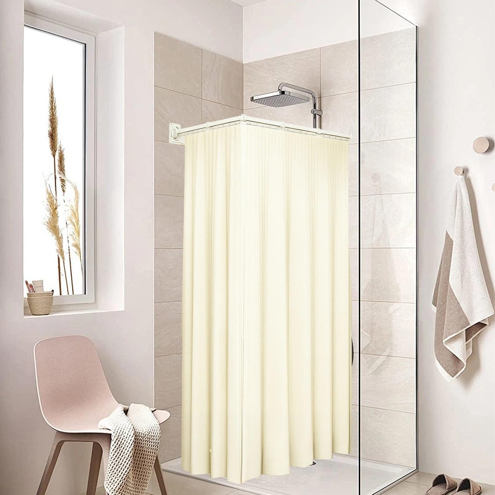 Blanco Barra de Cortina de Ducha Plegable con Cortina de Ducha | Barra Cortina Ducha, Dos Métodos de Instalación, con Accesorios de Instalación, para Hogares, Hoteles y Gimnasios