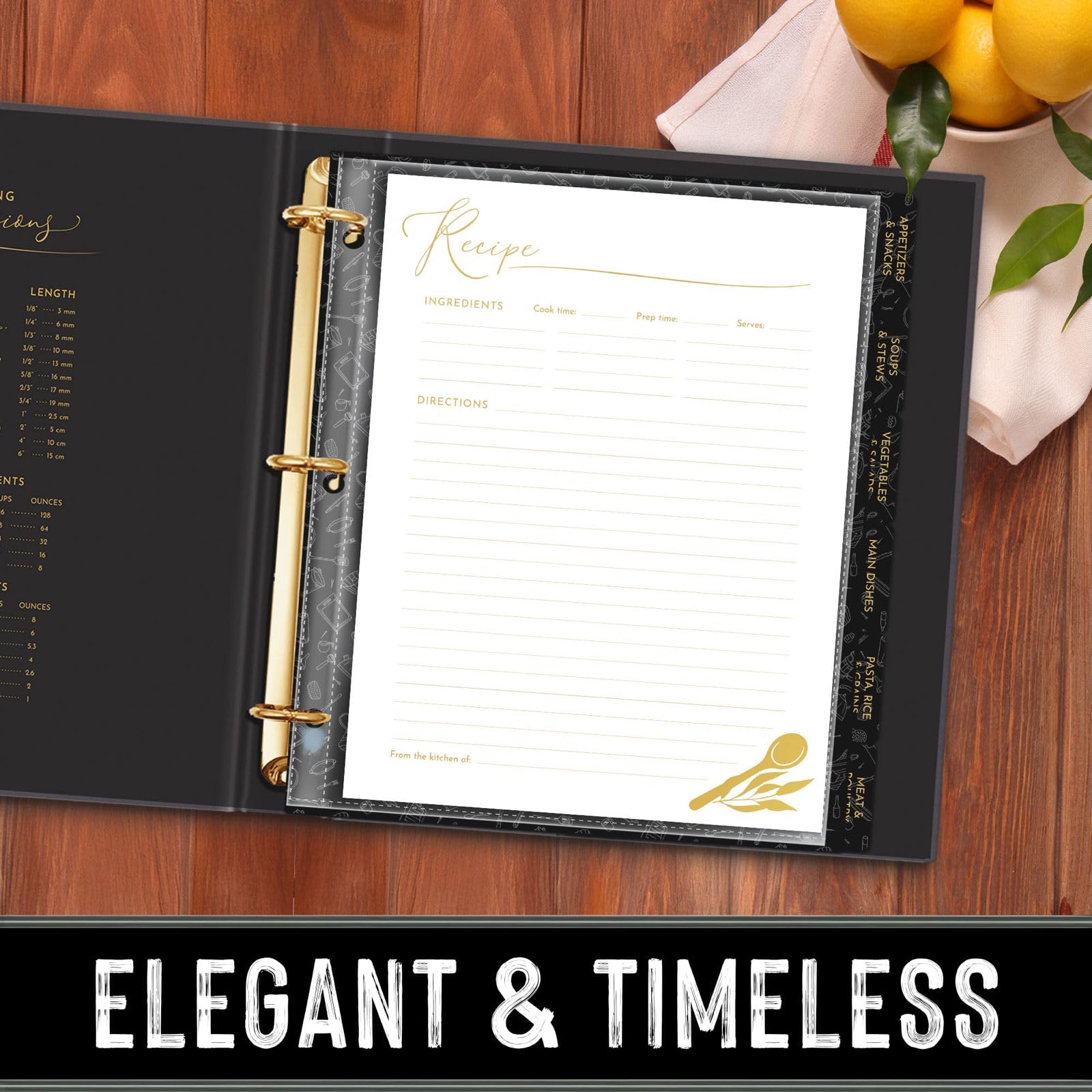 Carpeta de recetas familiares (11 x 12 pulgadas), carpeta organizadora de recetas de 3 anillos con fundas de plástico, tarjetas de recetas, separadores y caja de regalo (negro y dorado)