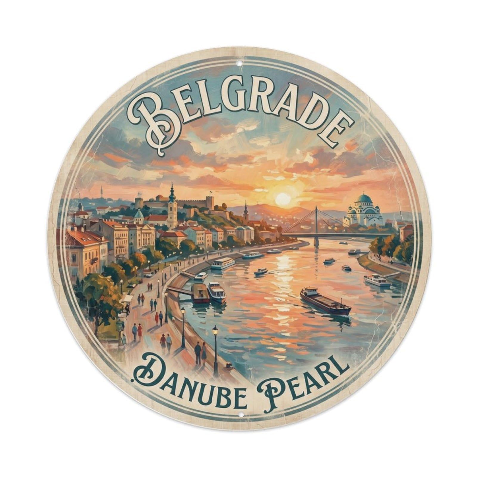 Vintage Travel Danube Belgrade Serbia Metal Tin Sign Plaque Wall Decor for Cafe, Club Bar, Office, Home Garden Round Metal Poster 8x8Inch