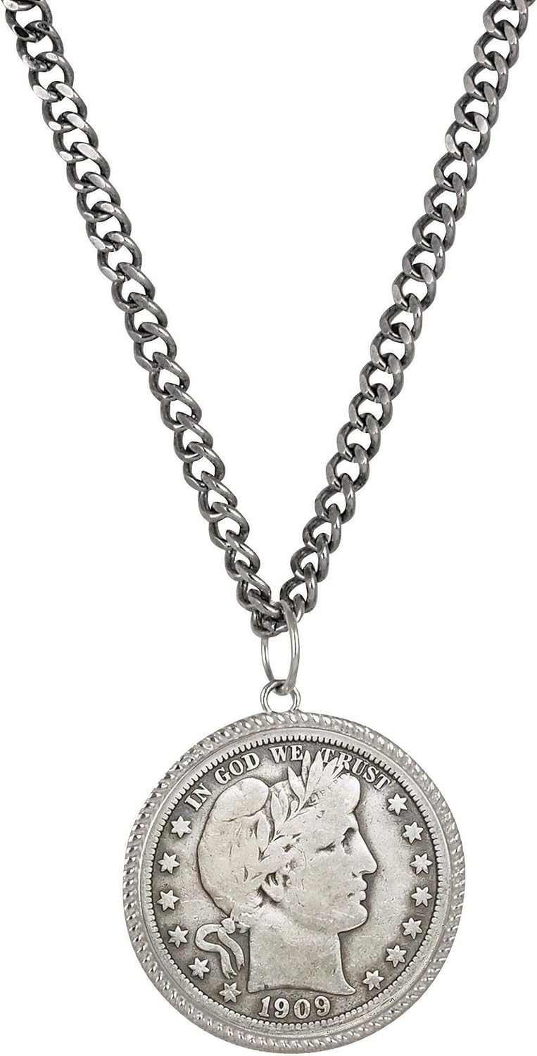 American Coin Treasures Men's Curb Chain Necklace with Silver Barber Half Dollar Pendant | Genuine United States Coin Over 100 Years Old | Men’s Accessories