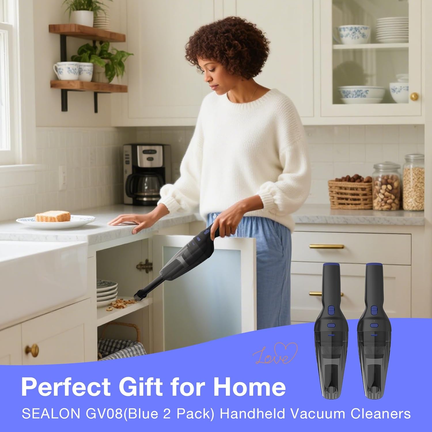 SEALON GV08 Handheld Rechargeable Car Vacuum Cleaner, 10KPa Vacuum Cleaner and Air Duster, High Power Hand Held Vacuum with LED Light and Multi-Nozzles for Car, Home, Office, Pet （Blue 2 Pack）
