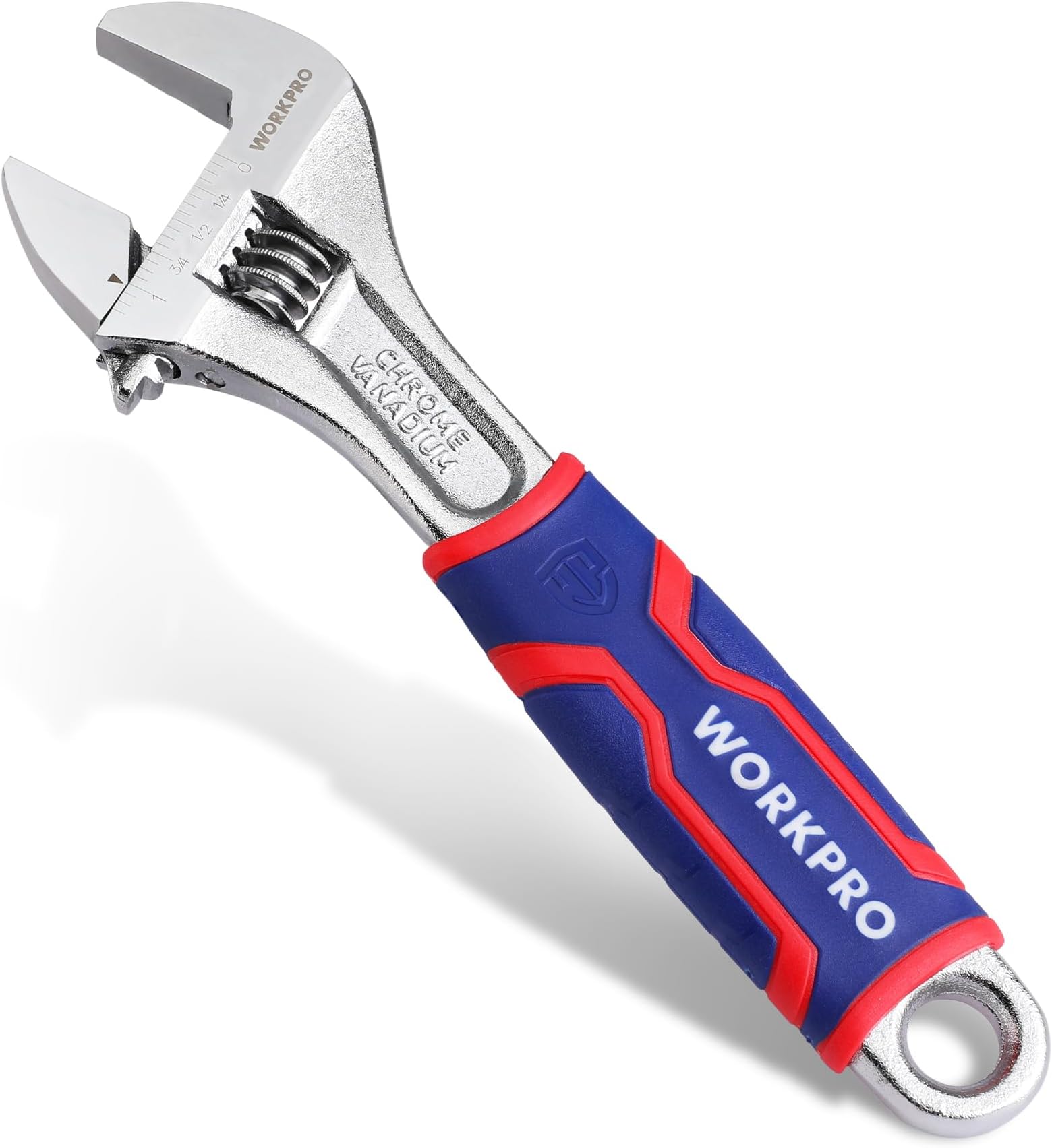 8-inch Adjustable Wrench, Wide Jaw Opening Wrench with Rubber Anti-slip grip, Metric/SAE Scales, Premium Cr-V Steel, Chrome Plated