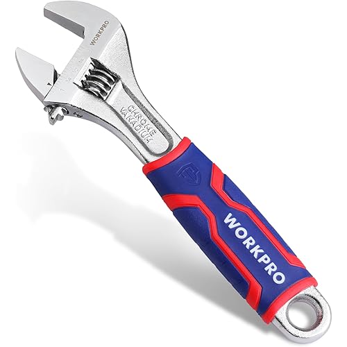 WORKPRO 8-inch Adjustable Wrench, Wide Jaw Opening Wrench with Rubber Anti-slip grip, Metric/SAE Scales, Premium Cr-V Steel, Chrome Plated