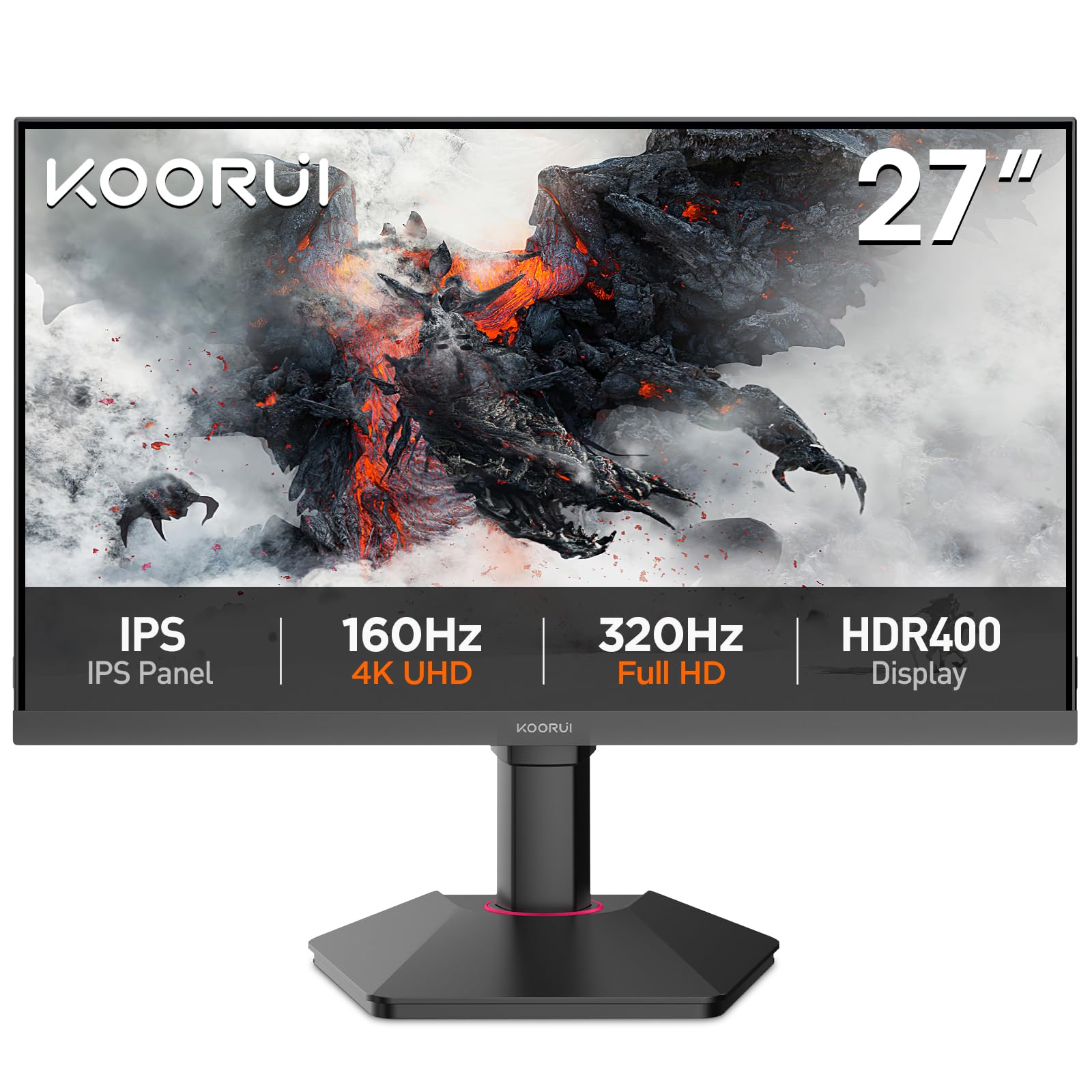 KOORUI 27 Inch Gaming Monitor, UHD 160Hz / FHD 320Hz, IPS Panel, Adjustable Stand, 95% DCI-P3, HDR400, HDMI/DP, Eye-Care, VESA Mountable，G2741L