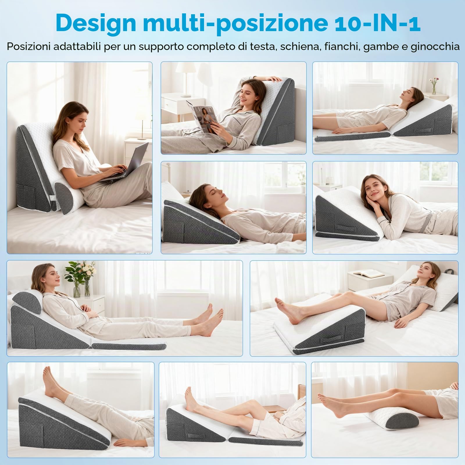 Cuscino a cuneo regolabile 3 in 1, per letto e divano, in schiuma ad alta densità, in memory foam, cuscino ortopedico, per apnea del sonno, per le gambe, per giocare, leggere o guardare la TV