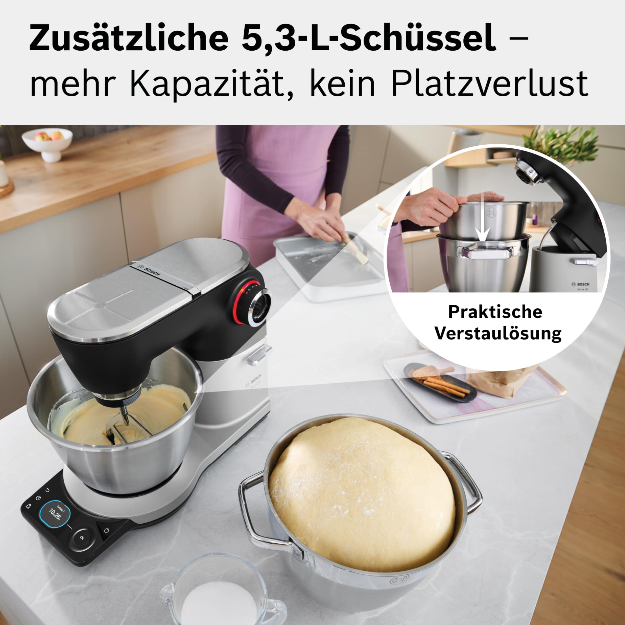 Bosch Küchenmaschine Serie 8, Automatikprogramm, Waage, Timer, 7 Stufen, 6l Edelstahl-Schüssel, Silikonbesen, spülmaschinenfest, 1.800 W, MUMS8ZS18