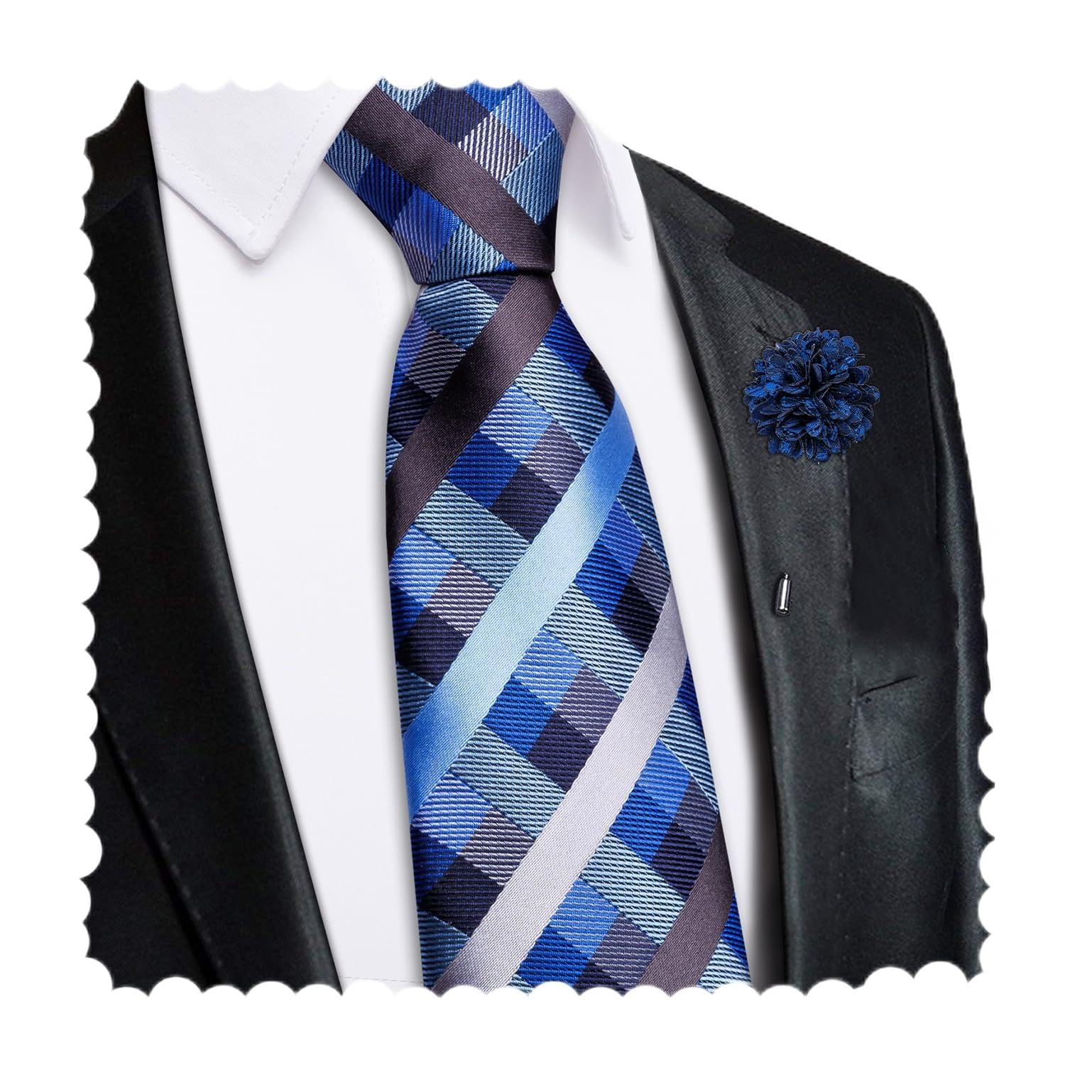 Hi-Tie Zipper Ties for Men Pre-tied Tie Set Lapel Pin Pocket Square and Cufflinks Formal Business Wedding Adjustable Necktie