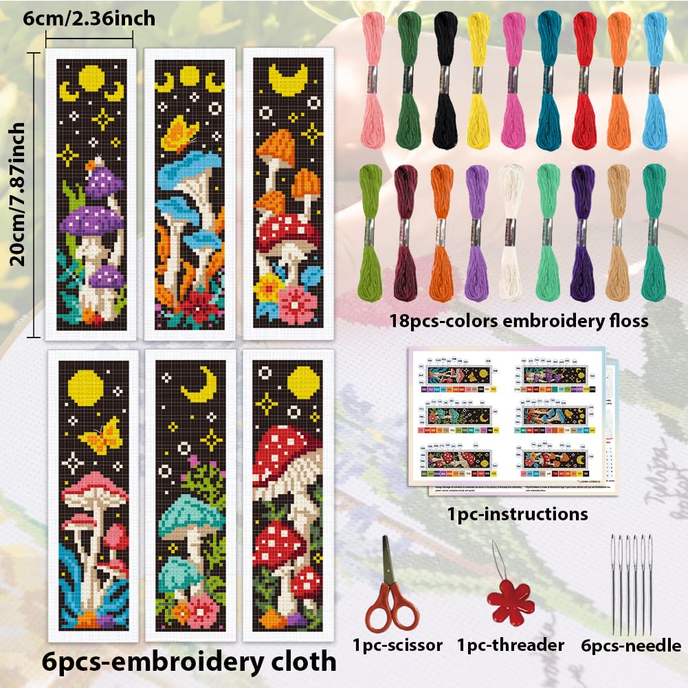 ACRNIGHEET 6PCS Cross Stitch Bookmark Kits Mushroom Pattern Stamped Cross Stitch Kits for Beginners Adults DIY Stamped Embroidery Bookmarks with Instructions Hand Embroidery Craft Gift