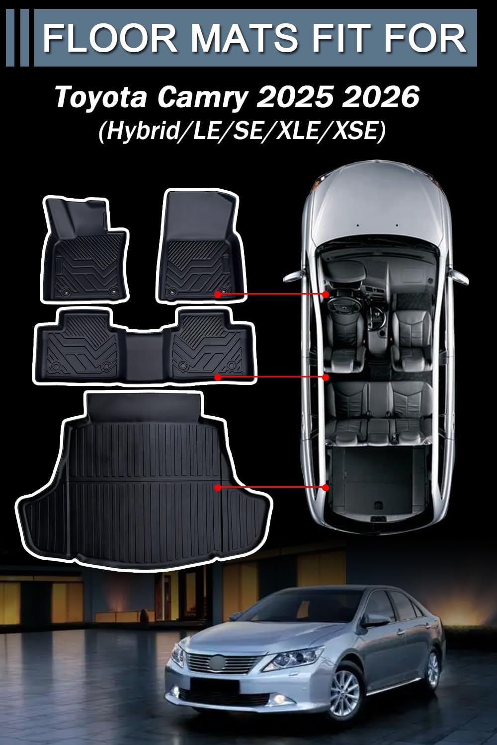 Car Floor Mats for Toyota Camry 2025 2026 Accessories, for Toyota Camry (Hybrid/LE/SE/XLE/XSE) All Weather Automotive Floor Mats & Cargo Liner