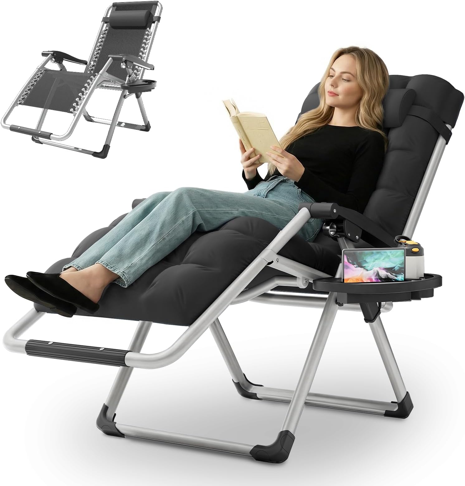 MoNiBloom Reinforced Zero Gravity Chair, Folding Pool Beach Lounger, Portable Tanning Chaise with Cushion, Headrest and Side Tray, 330lbs Capacity - Black