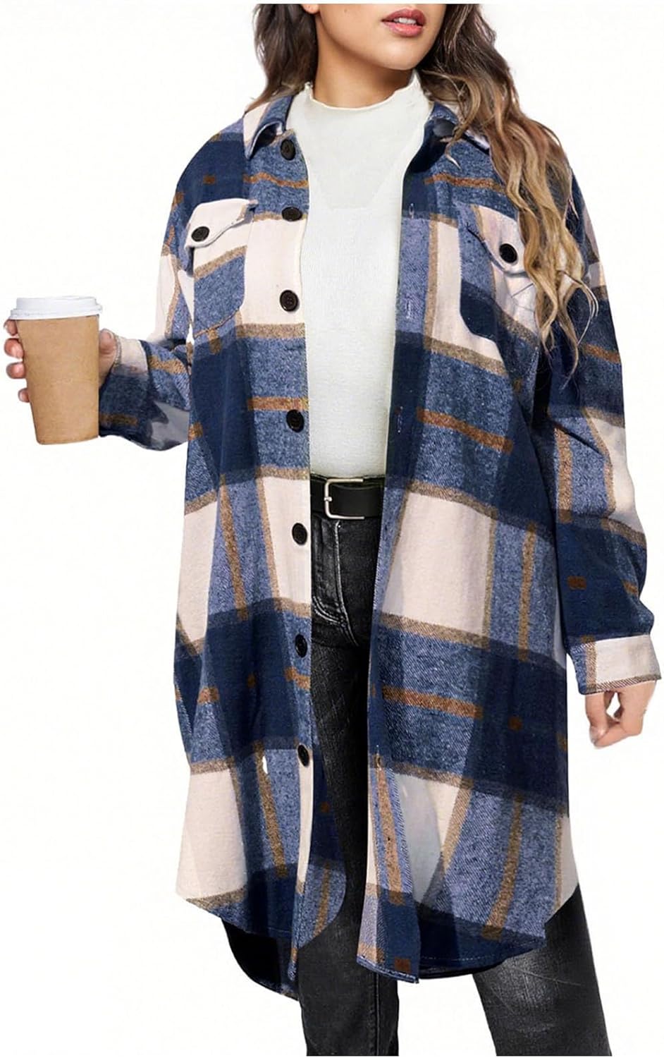 Womens Plaid Shirts Oversized Flannel Length Jacket Lapel Button Down Tartan Long Jackets Fall Lounge Coats with Pockets