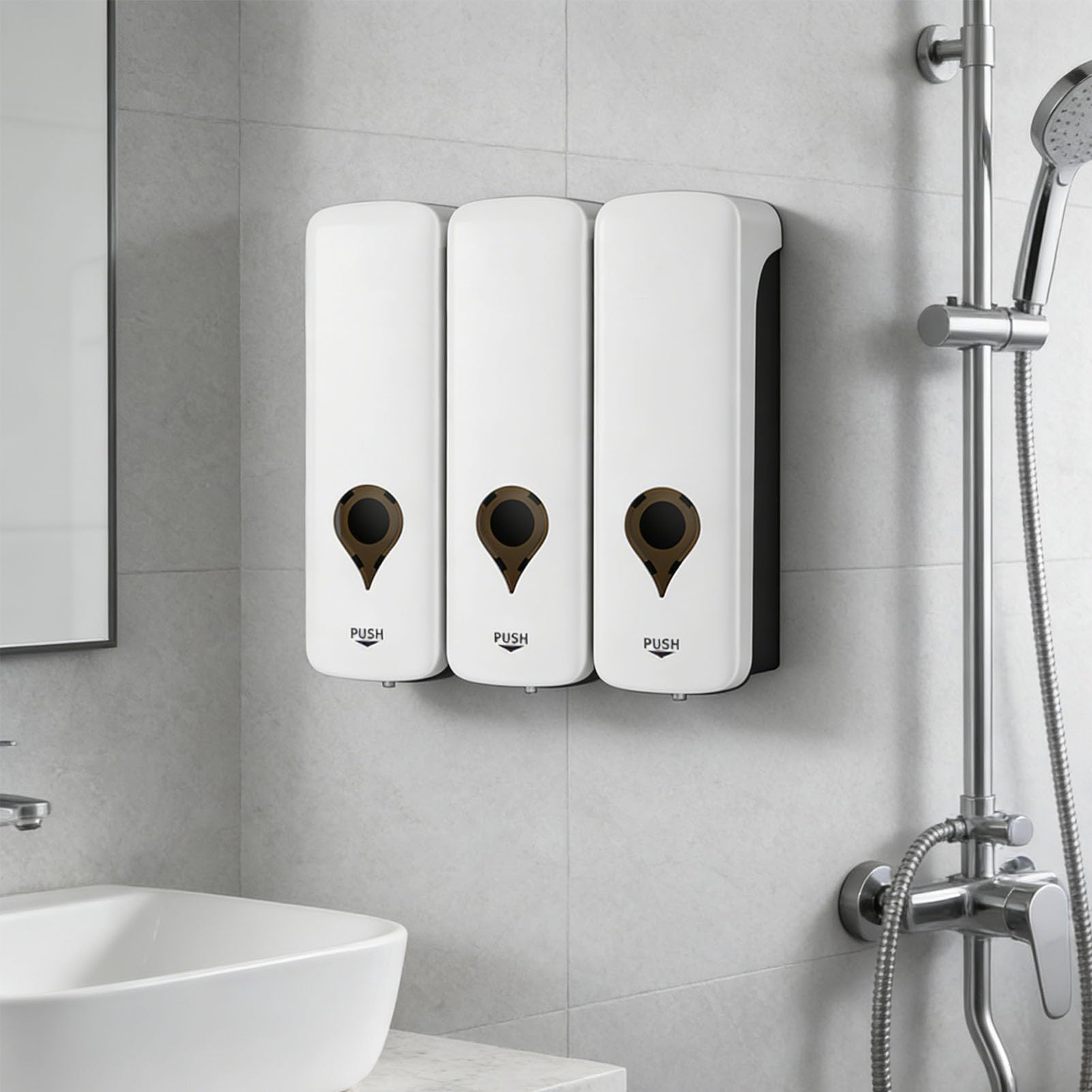 Jenngaoo Dispensador de jabon Manual de Pared 3x200ml, con Bomba antigoteo de plastico ABS Recargable para Bano Cocina