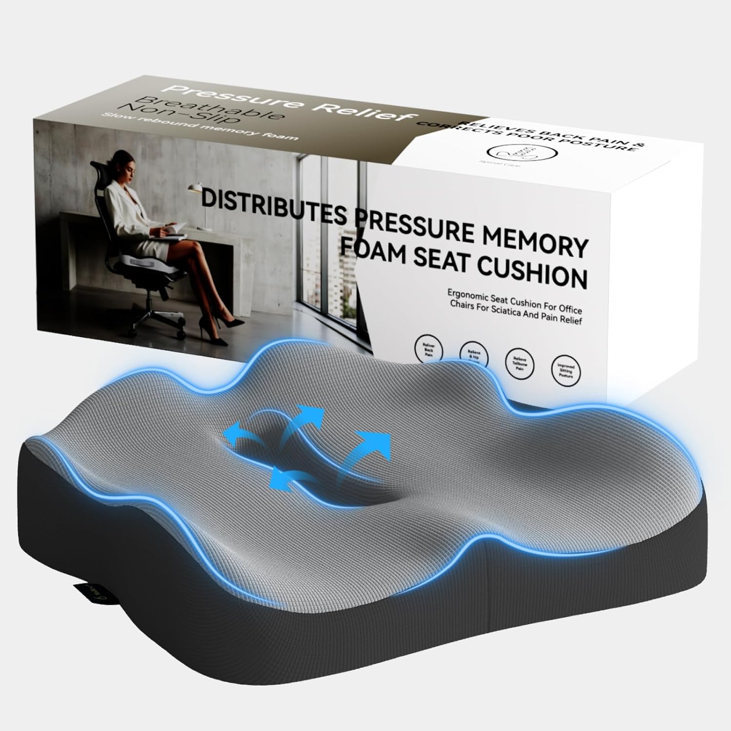 Memory Foam Seat Cushion for Office Chair, Car Seat, Wheelchair, Desk Chair Pad - Extra Large Ergonomic Sciatica Coccyx & Tailbone Pain Relief Back Support Pillow for Long Sitting & Driving