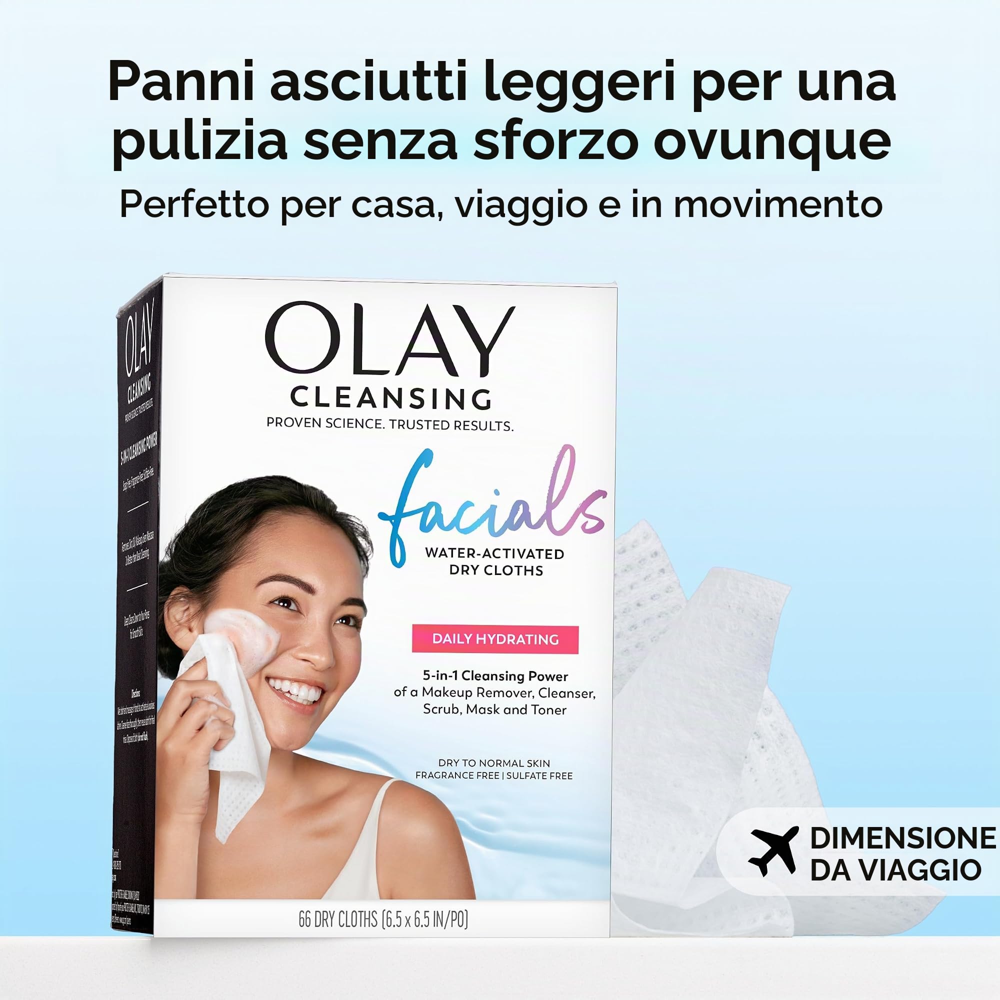 Olay Daily Facial Wipes Daily Clean Wipes, 4 in 1 con acqua attivata, 66 conteggio imballaggio può variare