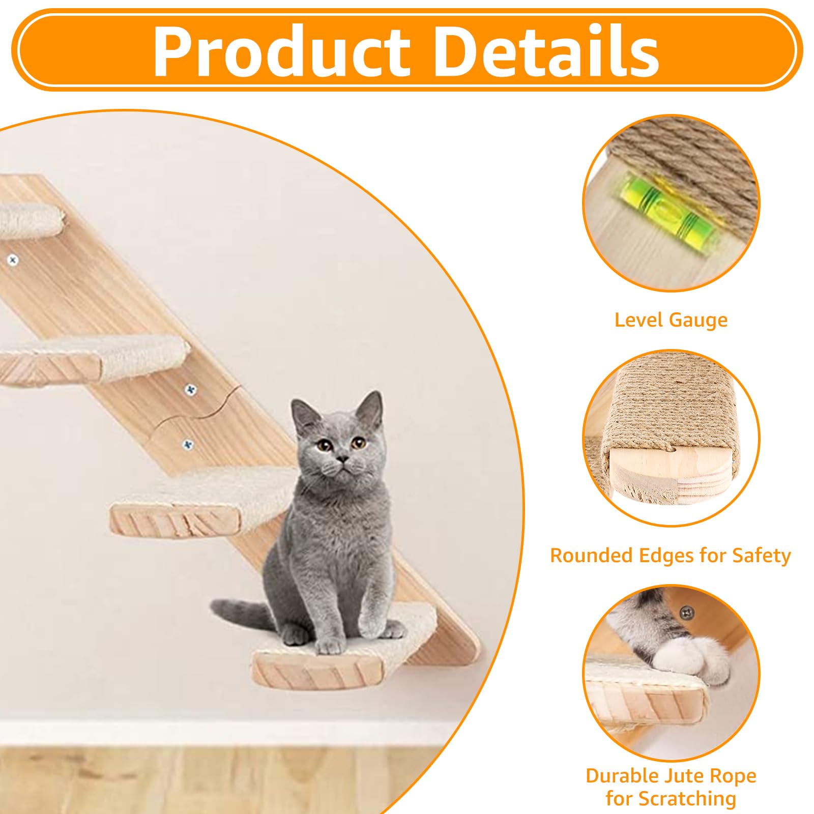 DAJAVE 2 Stück Kletterwand Katzen Katzentreppe Wand 8 Stufen,Katzenleiter mit Juteseil,Katzenbretter für die Wand, Katzen Treppe,Katzentreppe Kletterwand Katze für Katze Klettern Spielen(20 kg Tragen)