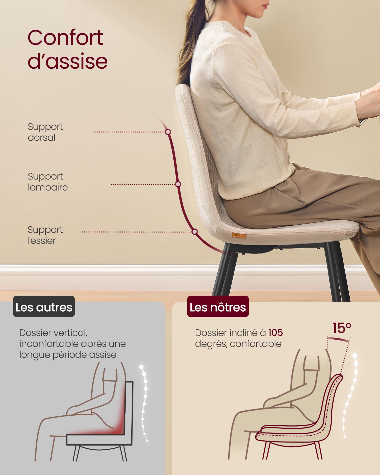 VASAGLE Chaises de Salle à Manger, Lot de 4, Support Métallique, Pieds Réglables, Nettoyage Facile, Chaises de Cuisine, Tissu Chenille, PU Texturé Glacé, Blanc Crème KDC188W01