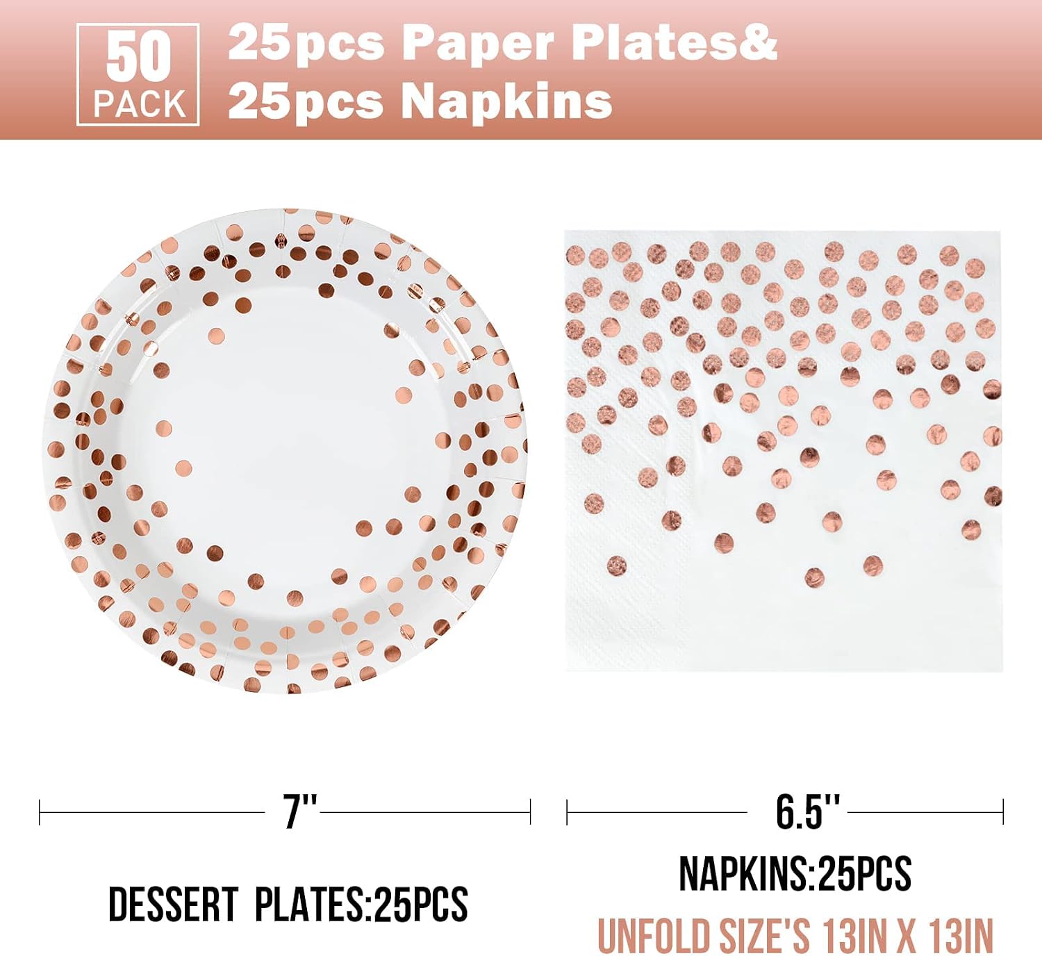 50Pcs Rose and Gold Paper Plates Napkins Party Supplies for Birthdays image 2