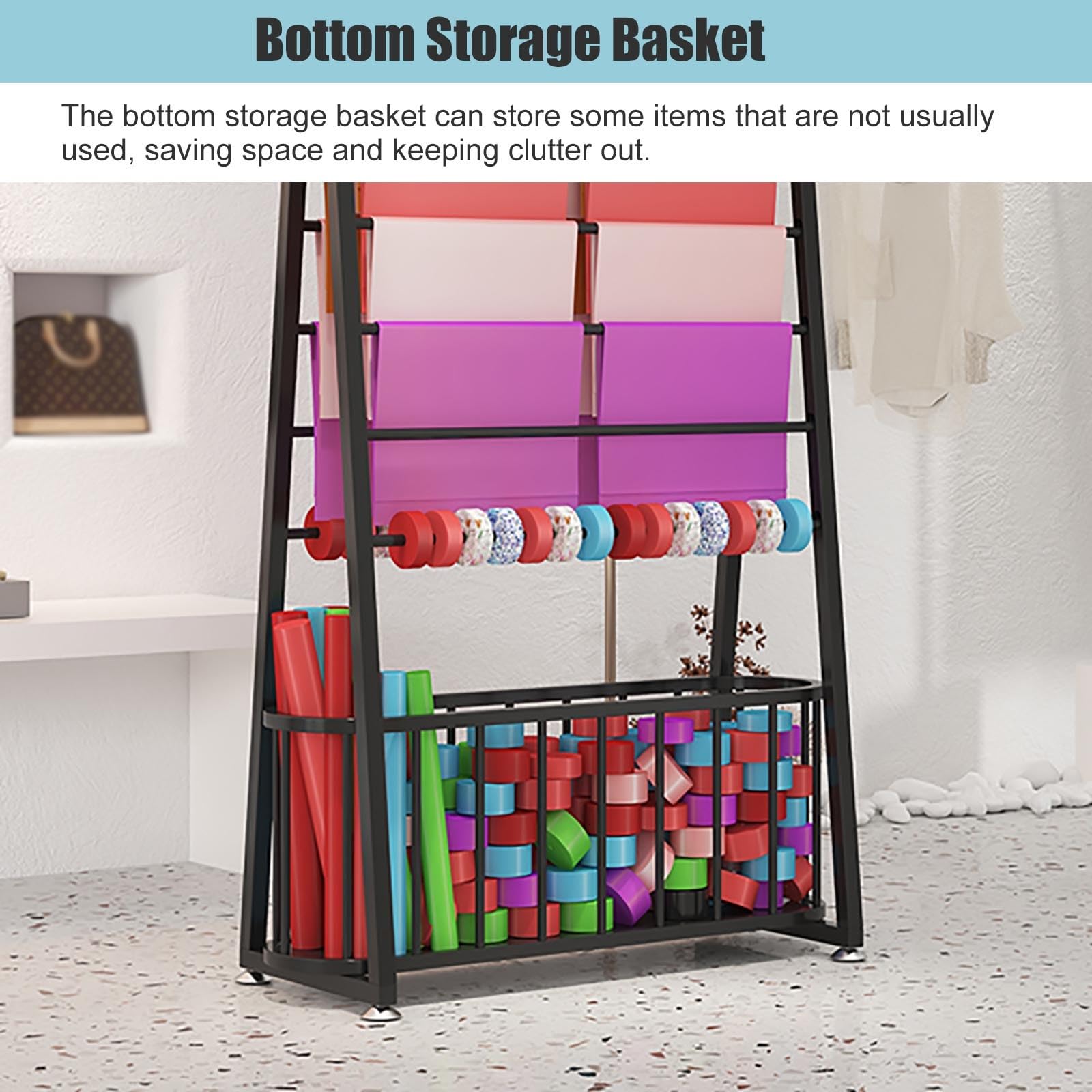 Scaffale organizer a doppio lato per carta da imballaggio, tessuto, nastri, espositore autoportante per artigianato, cellophane, rotoli di vinile