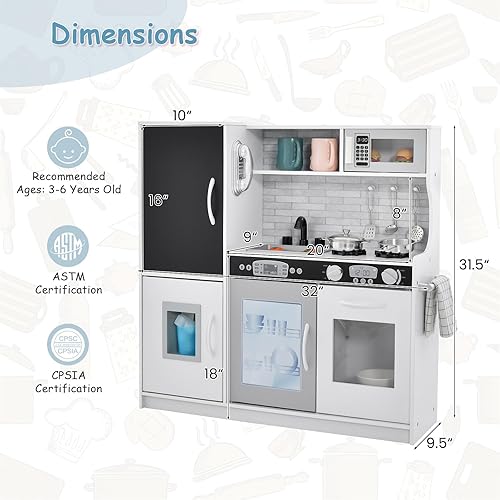 Miniatura 7 de HONEY JOY Juego de cocina para niños, juego de cocina de madera con pizarrón, teléfono, utensilios, horno, microondas, fregadero, almacenamiento,