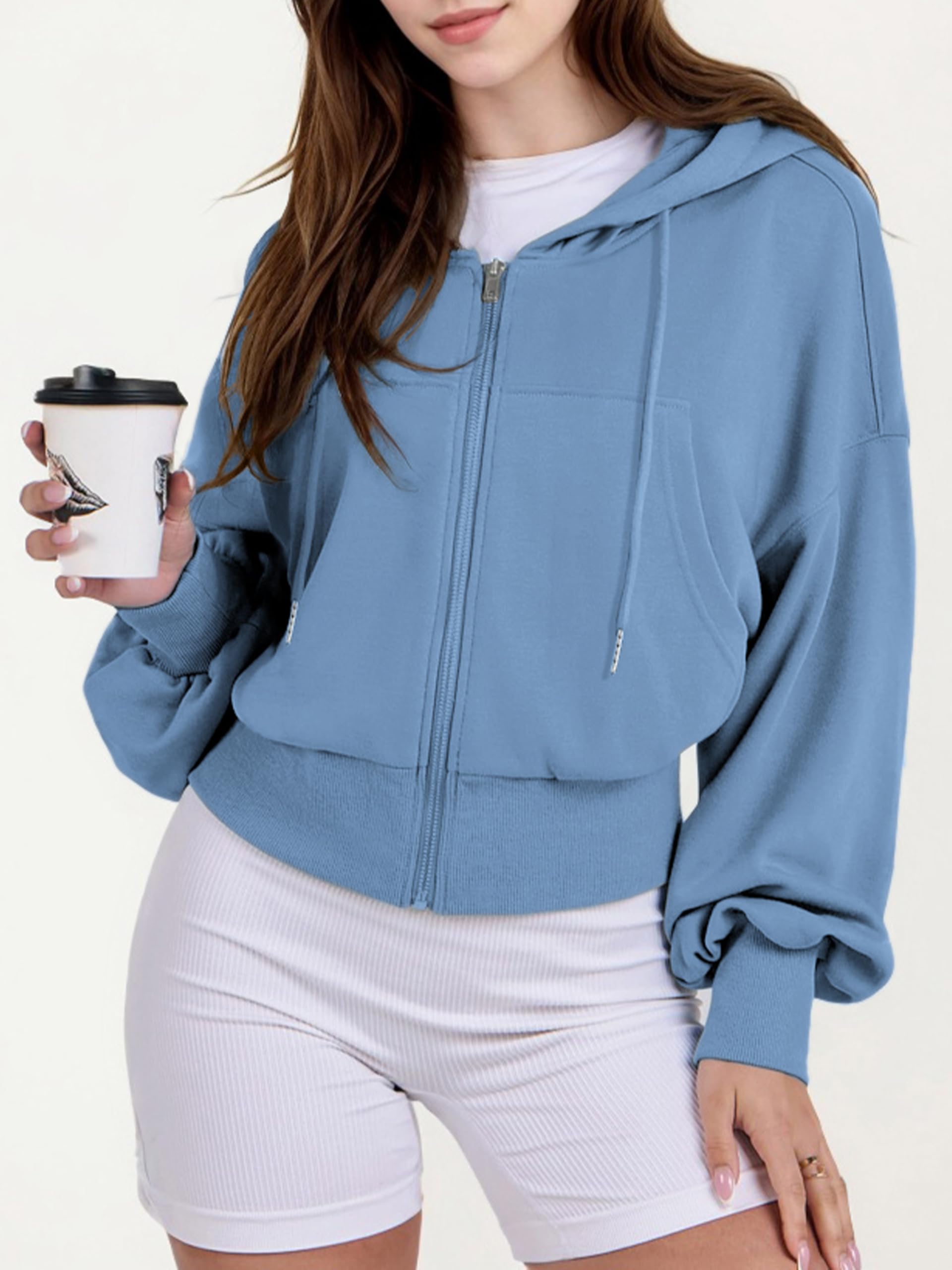 Jhsnjnr Sweat à capuche pour femme - Manches longues - Sweat à capuche - Fermeture éclair - Sport - Courte - Fermeture éclair