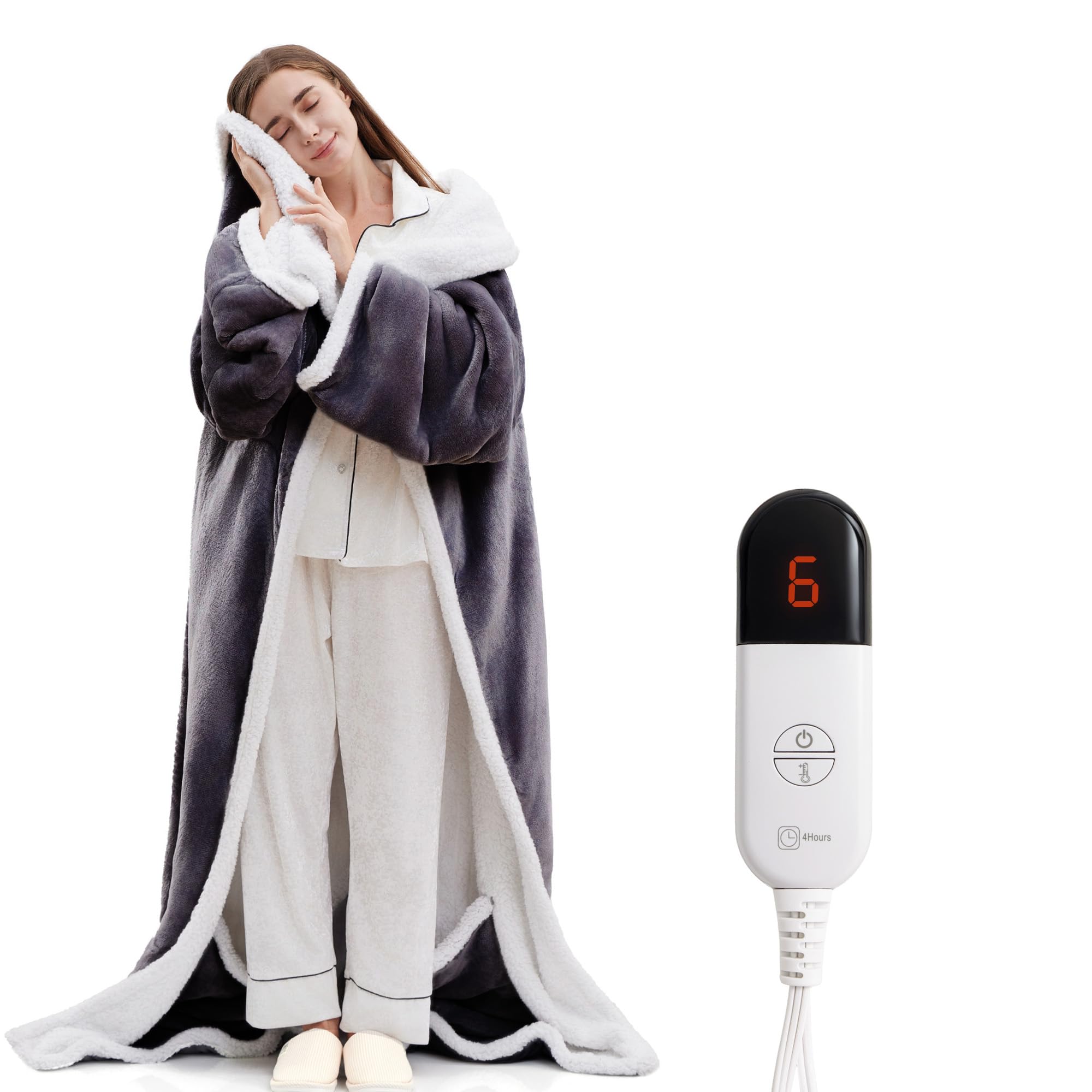 YILOTE Electric Blanket Wearable Throw - Robe with Sleeves and Foot Pockets - 7-Level Heating Auto-Off Blanket for Adults